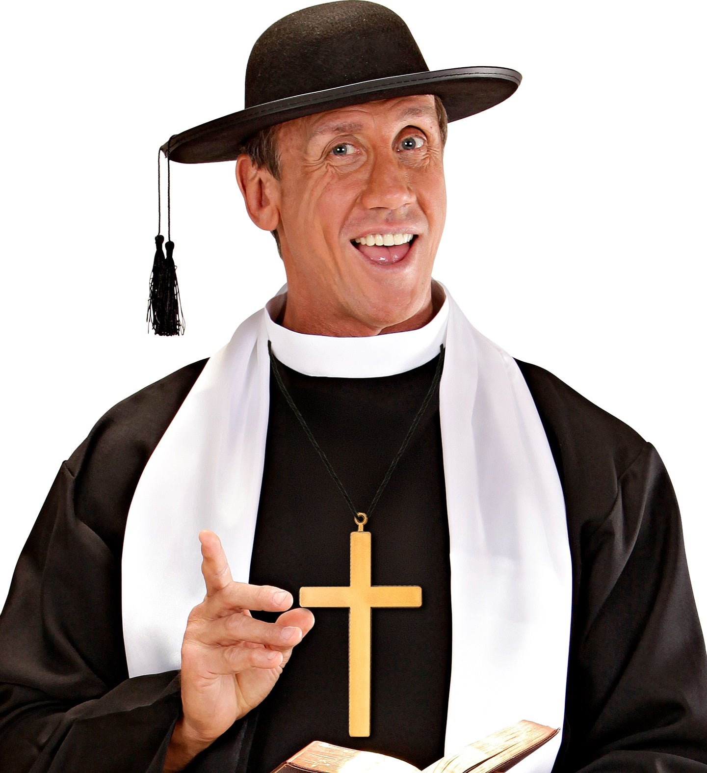Priest in black and white robes with a gold cross, holding an open book on a white background