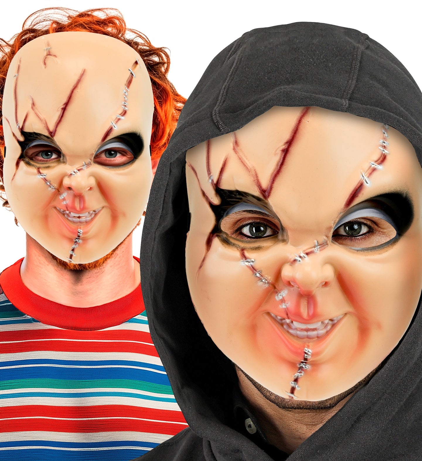 A split photo showing two terrifying ways to style the 'Good Boy' scarred doll mask; one model wearing an orange wig and striped shirt, and the other wearing a black hoodie.