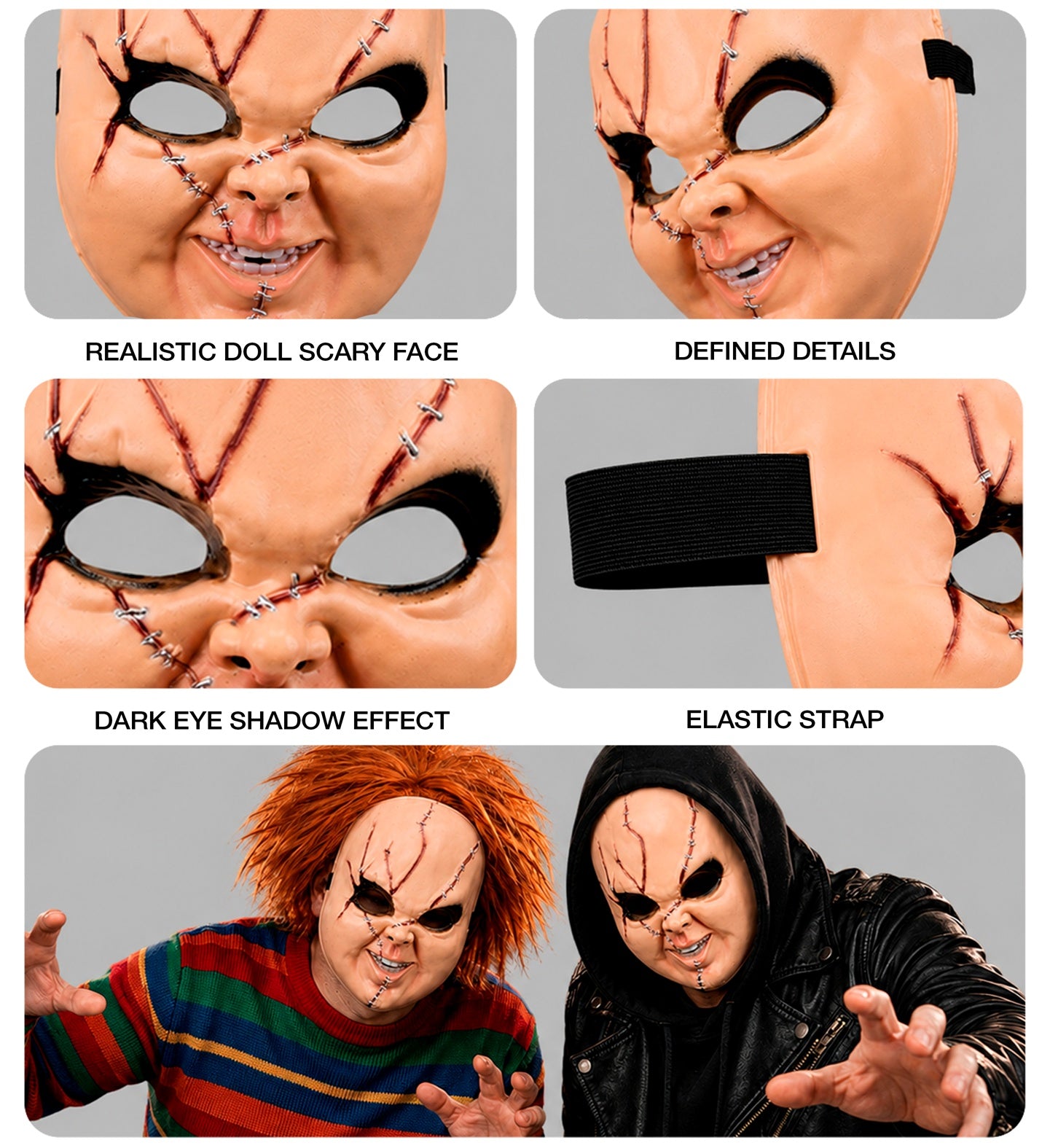 A multi-panel collage highlighting the details of a hard plastic killer doll mask, showing close-ups of the realistic scary face with stitches, defined teeth, dark eye shadow effect, the black elastic strap, and a duo action shot of models wearing the mask.