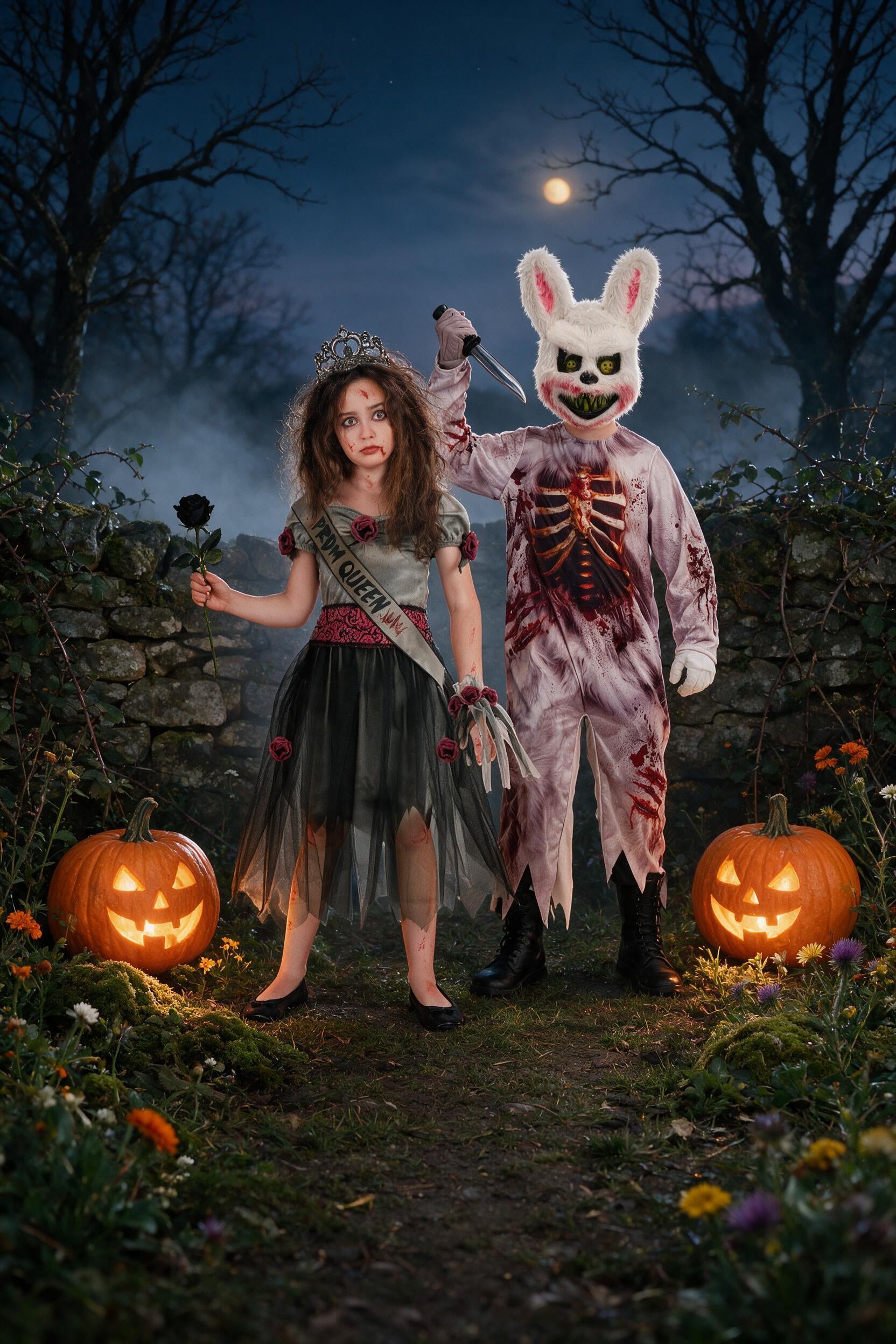 Two children in Halloween costumes pose in a spooky outdoor setting at night. The girl wears a tattered black and gray schoolgirl costume with a sash, and the boy wears a creepy white bunny mask with a bloody torn zombie suit underneath.