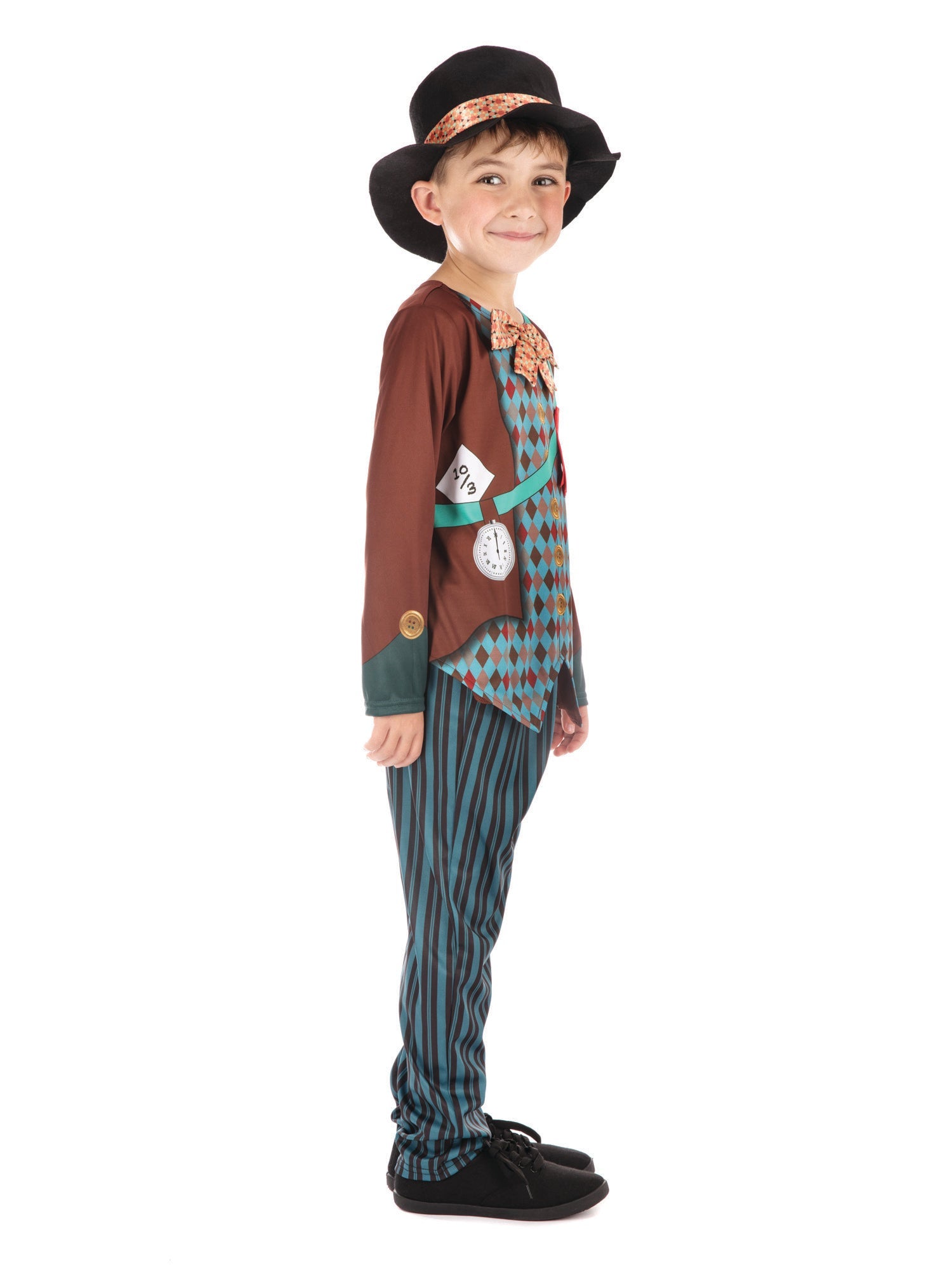 A side profile of a child in a Mad Hatter costume, smiling. The costume features a brown top over a patterned waistcoat, blue striped trousers, and a black top hat with a patterned band.