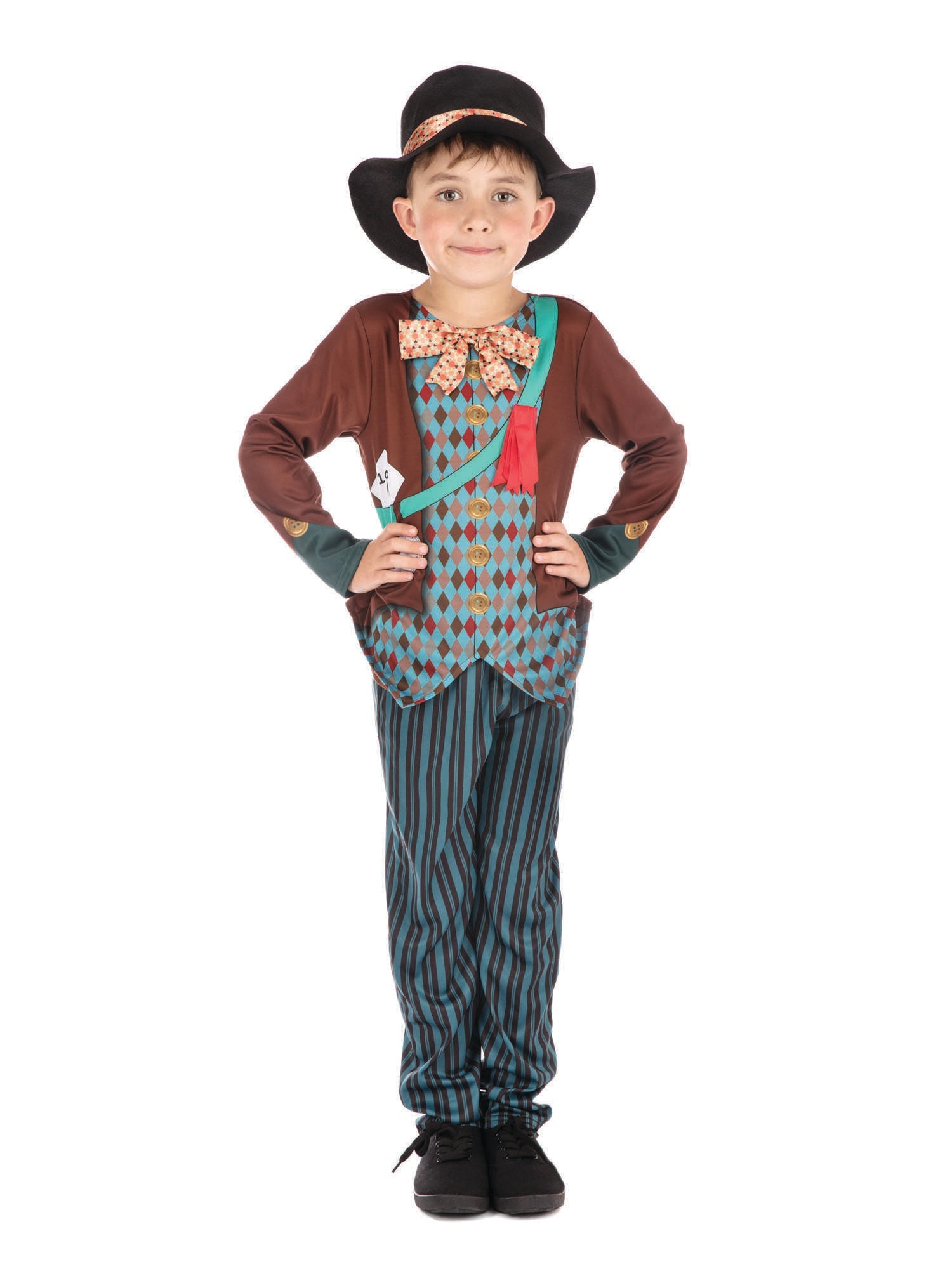 A child in a Mad Hatter costume, standing with hands on hips. The costume consists of a brown top over a patterned waistcoat, a large bow tie, striped trousers, and a black top hat with a patterned band, posing on a white background.