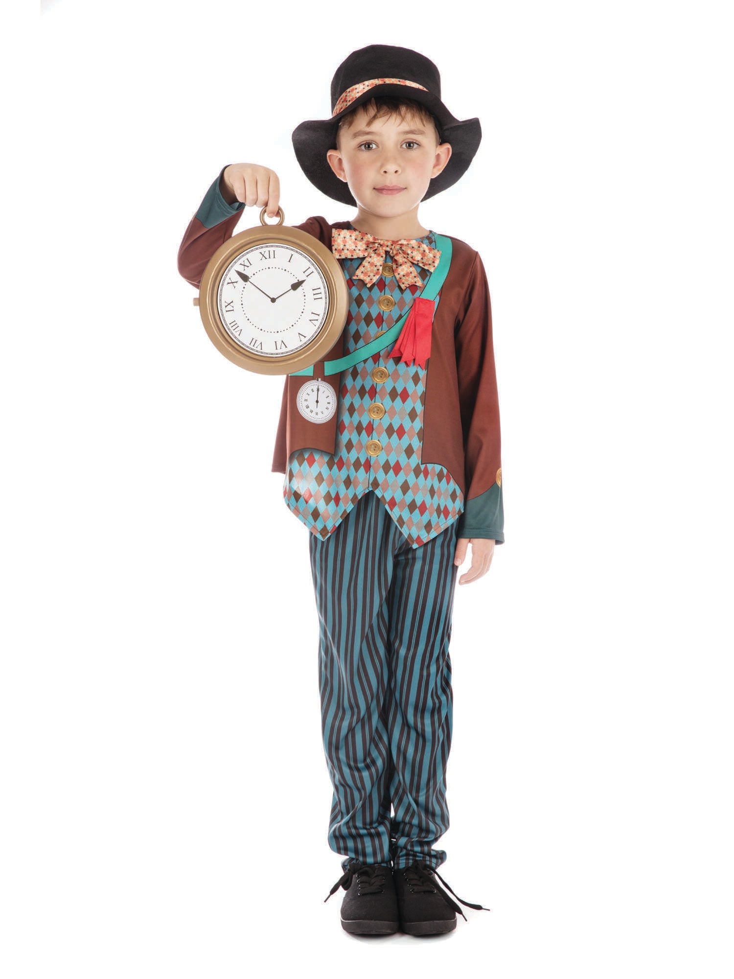 A child in a Mad Hatter costume, holding a large toy clock. The costume features a brown top over a patterned waistcoat, a large bow tie, striped trousers, and a black top hat with a patterned band, posing on a white background.