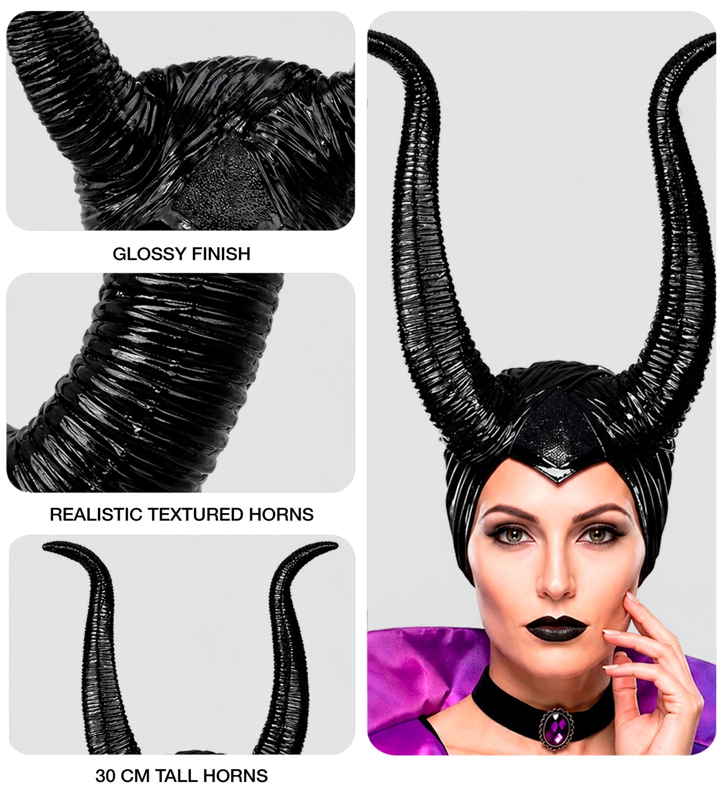 A multi-panel collage highlighting the details of a dark fairy headpiece, showing close-ups of the glossy finish, the realistic textured ribs on the horns, a text callout for the 30cm tall horns, and a model wearing the item.