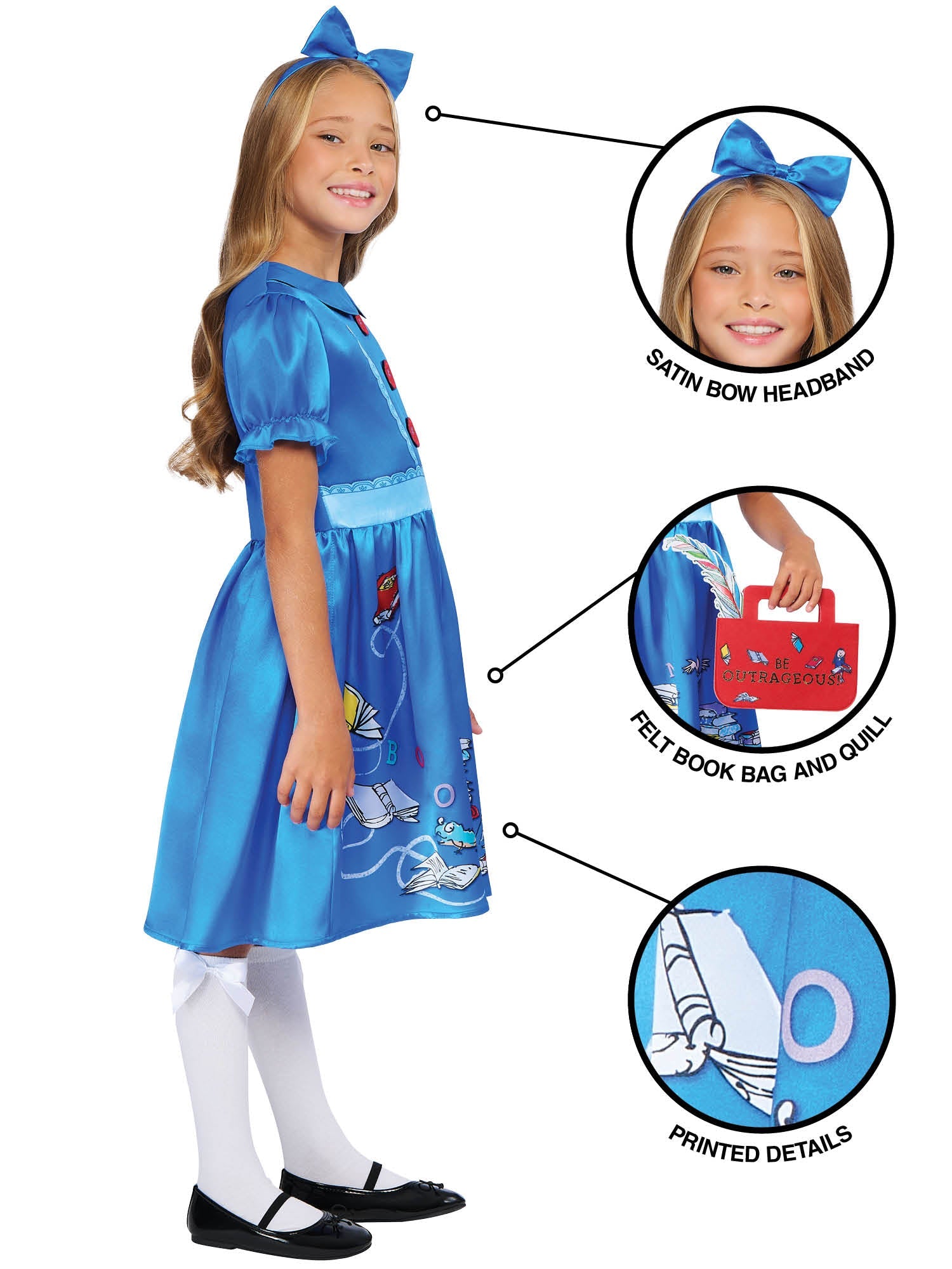 Close-up of the Matilda costume features including the satin bow headband, felt book bag, and printed book details.