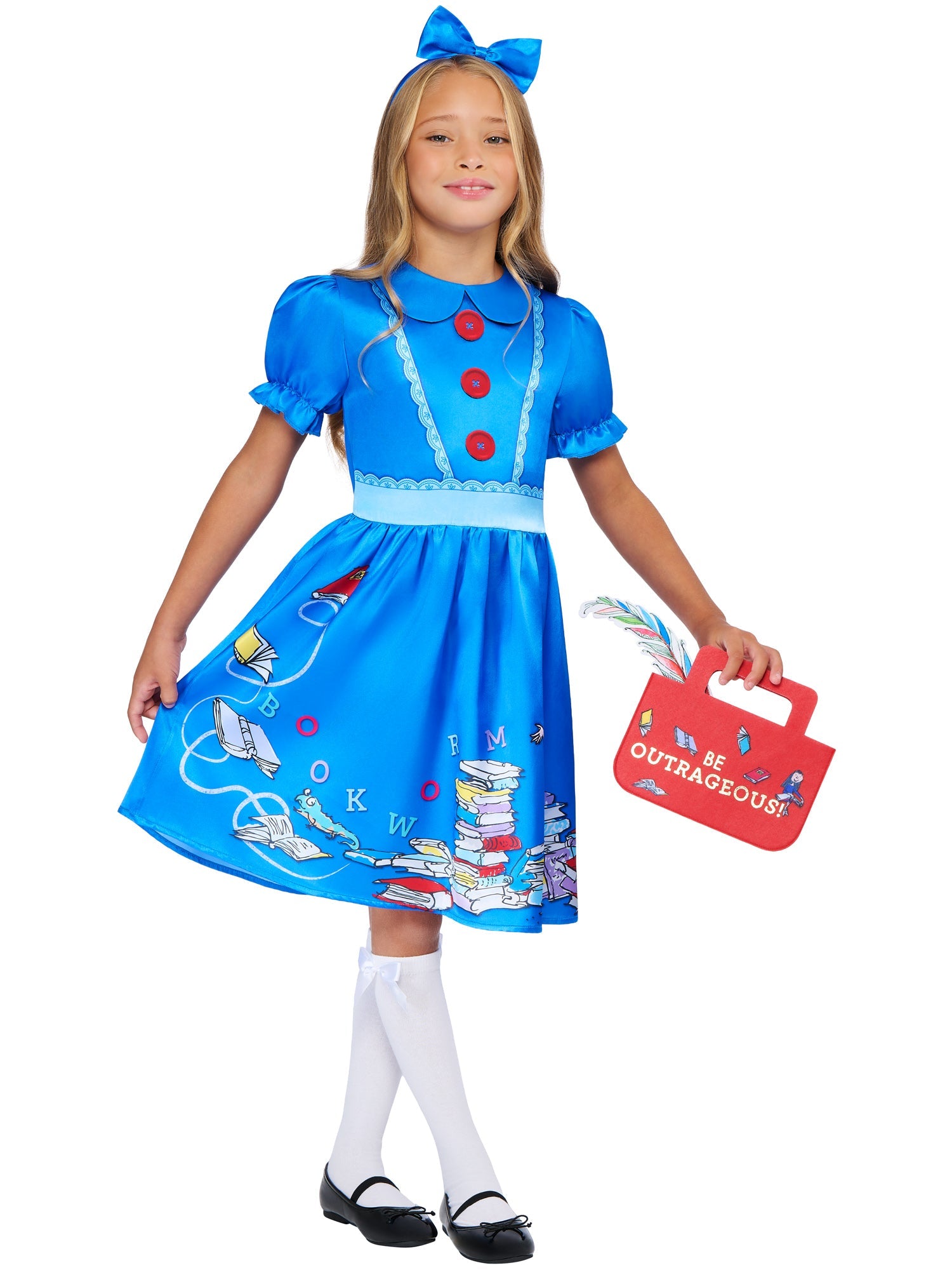 Child modeling the official Matilda Roald Dahl costume featuring a blue satin dress and red bow headband.