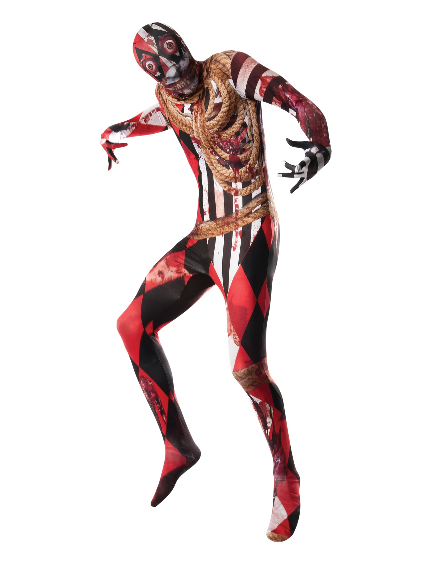 Man wearing a full-body Acrosplat costume, depicting a gruesome circus acrobat with red and black harlequin print, rope around the neck, blood, and wounds.