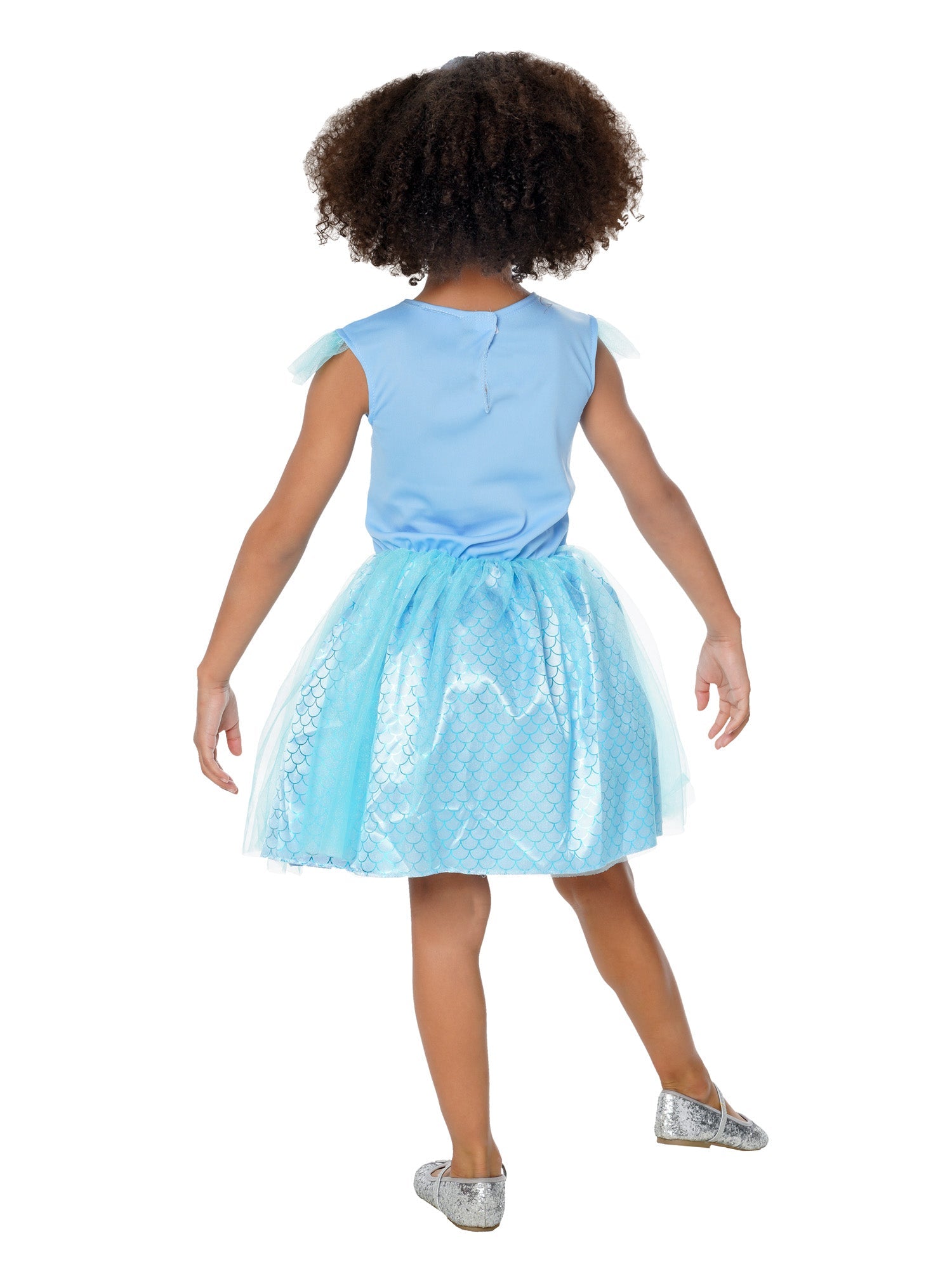 Back view of a Child wearing an Officially Licensed Mercat Tutu Dress light blue dress with a sequin skirt on a white background.