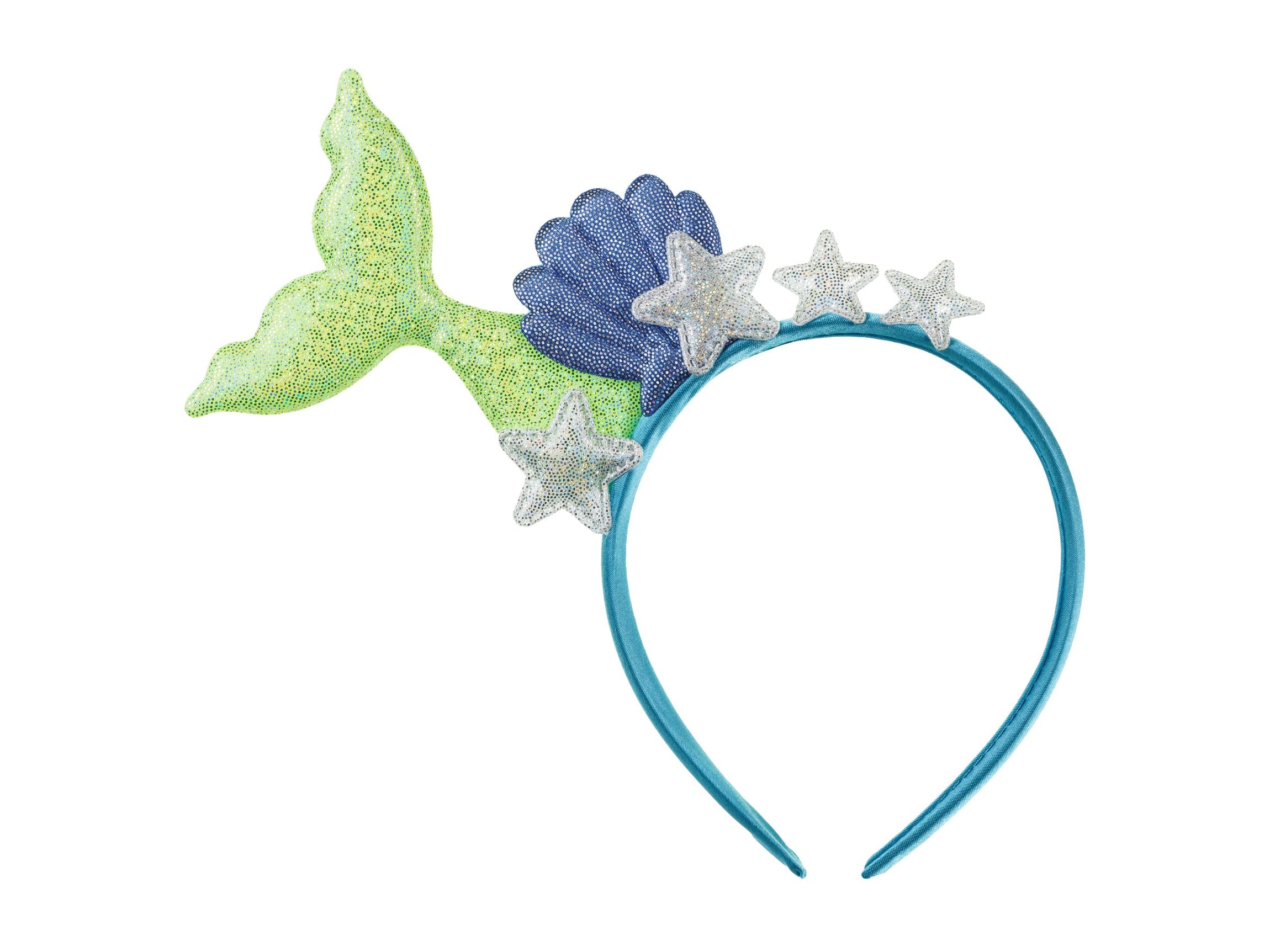 A vibrant blue headband for children, featuring a sparkling green mermaid tail, a textured blue seashell, and three silver glitter starfish, isolated on a white background.