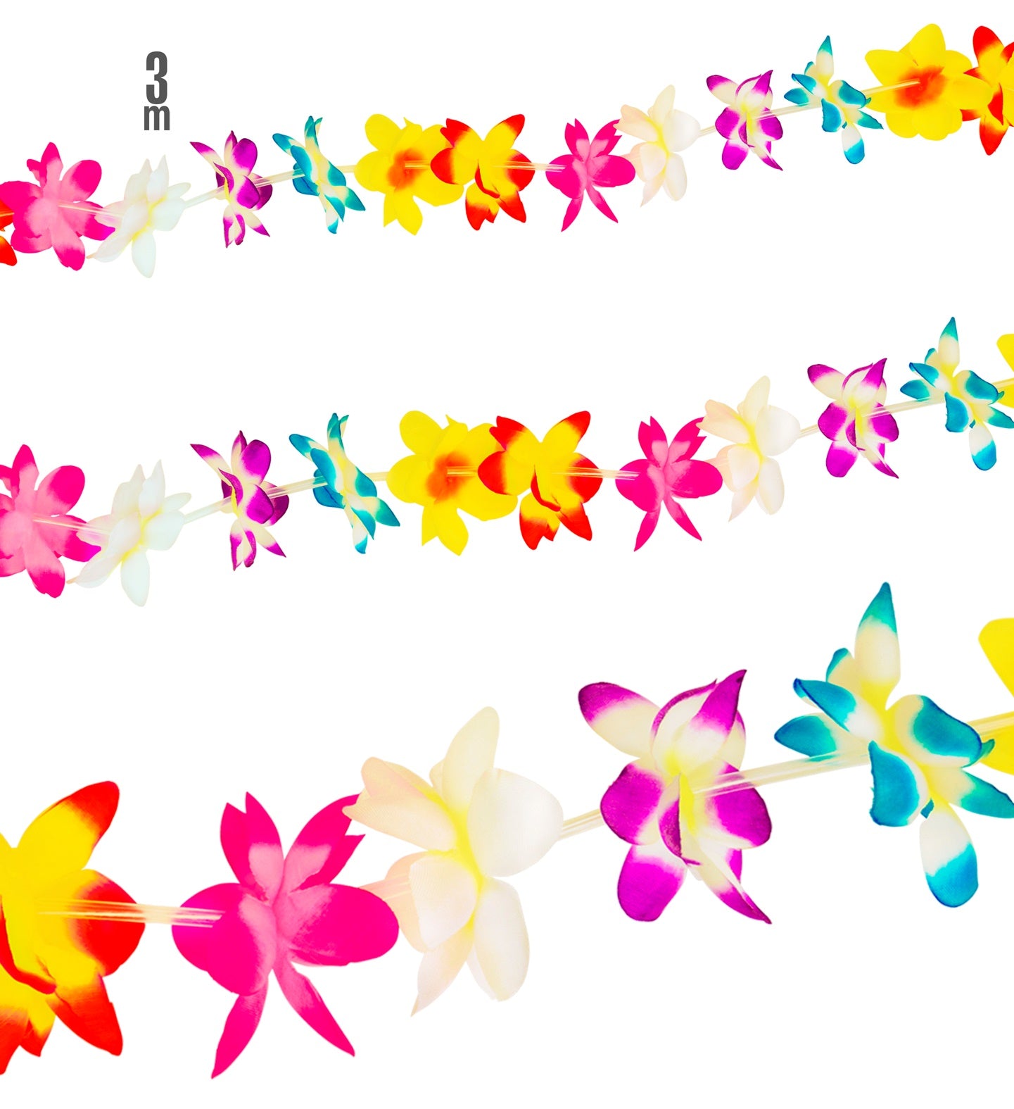 Three strands of bright, multicoloured artificial flower garlands featuring pink, yellow, white, and blue flowers, with a "3m" length indicator on the left side, displayed against a white background.
