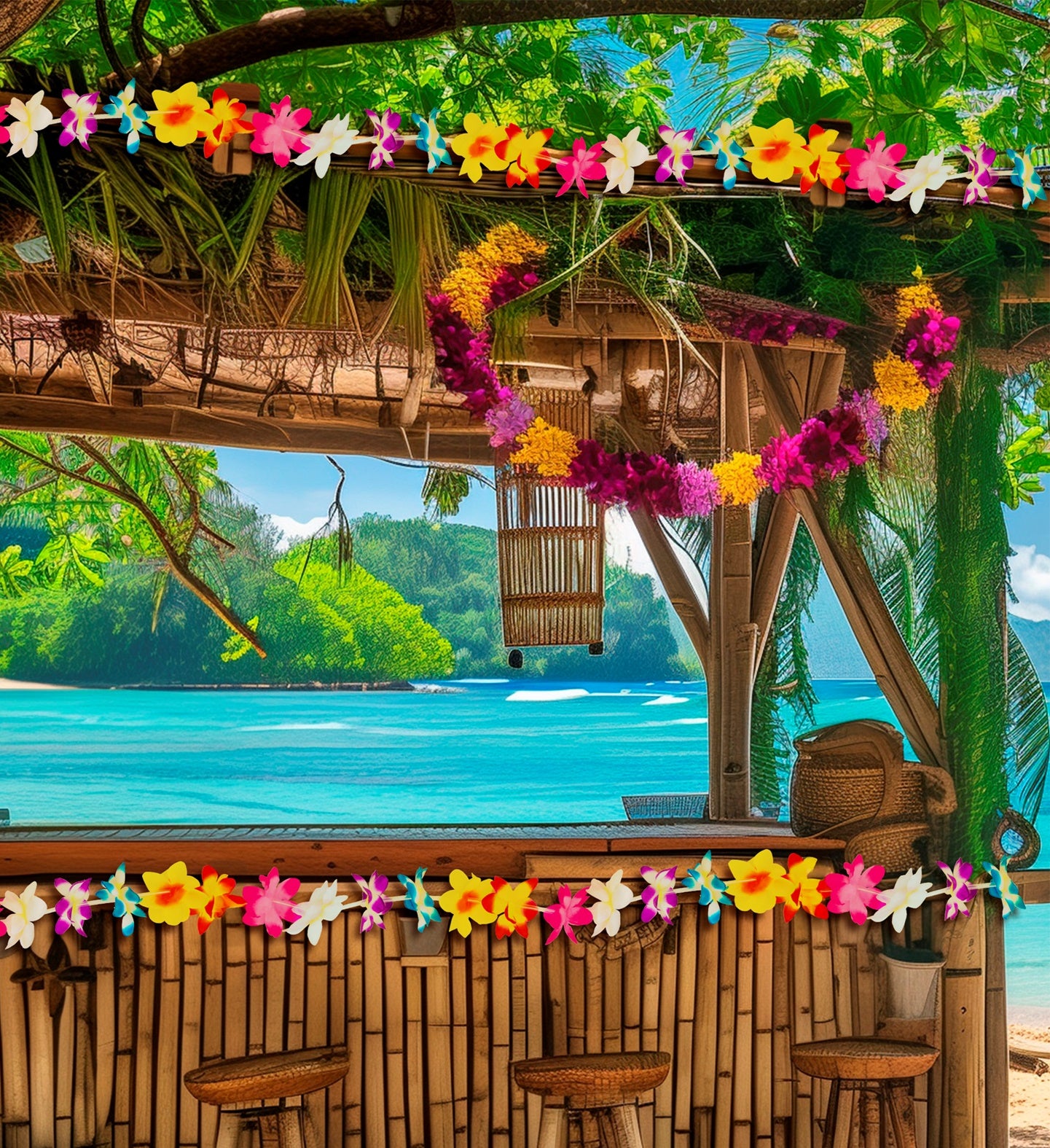 A vibrant Hawaiian-themed party setting featuring a bamboo bar overlooking a blue ocean and lush green hills. Multicoloured flower garlands are strung along the top of the scene and draped in a heart shape in the center, adding to the tropical ambiance.