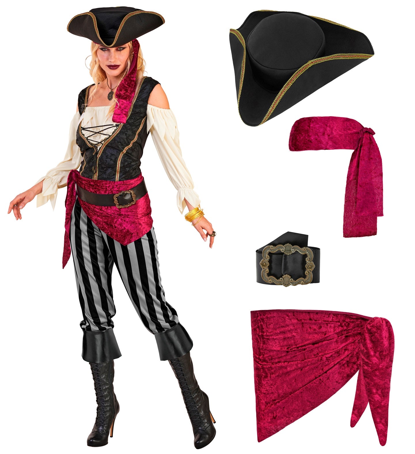 A composite image showing a woman wearing a Pirate Rogue costume on the left, and a deconstructed view of the costume components on the right, including a black tricorn hat, red velvet sash, black belt with a gold buckle, and red velvet waist tie, all against a white background.
