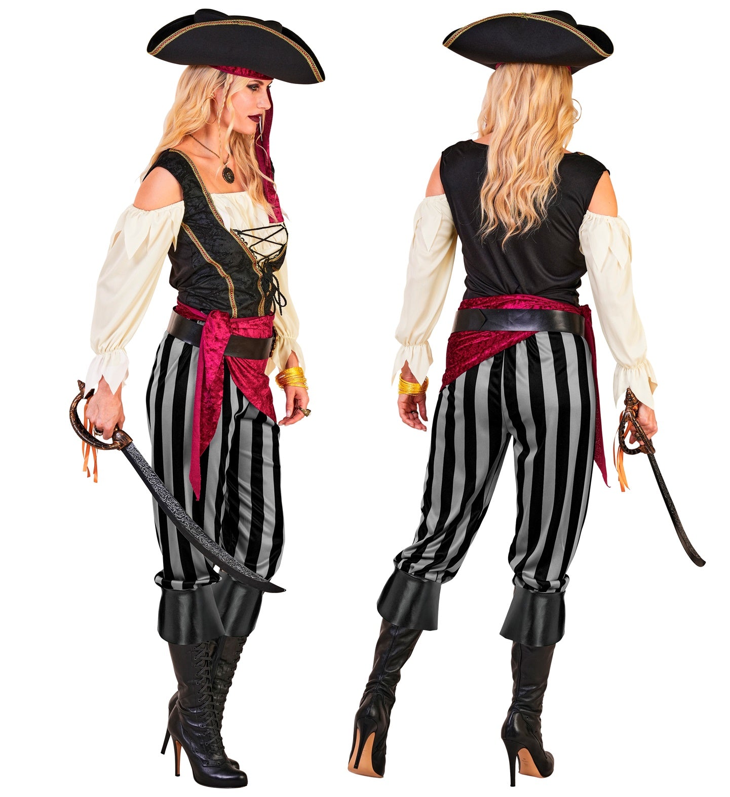 A composite image showing a woman in a Pirate Rogue costume from a side profile (holding a prop cutlass) and a back view, against a white background, highlighting the details of the black tricorn hat, off-white shirt, black vest, striped pants, red sash, and black boots.