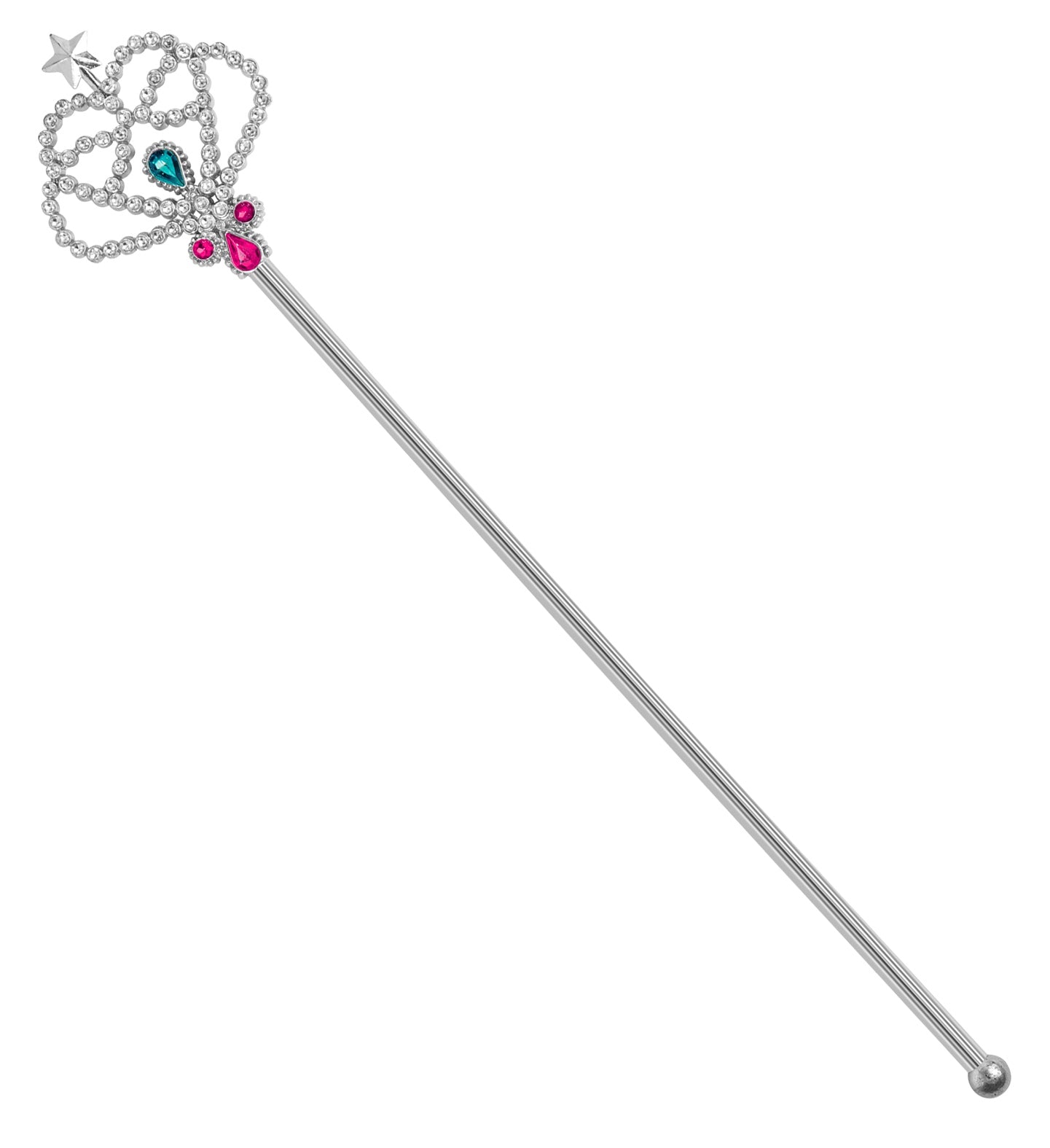 A shiny silver magic wand with a decorative top featuring an intricate, swirling design adorned with clear gems, a turquoise teardrop gem, and a pink teardrop gem, topped with a silver star, isolated on a white background.