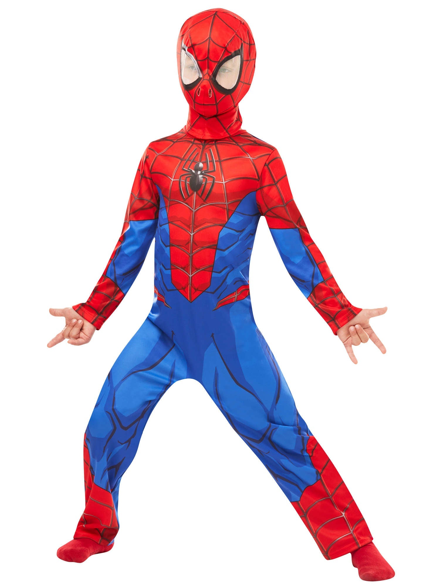 A child wearing a classic Spider-Man superhero costume, consisting of a red and blue web-printed jumpsuit and full fabric mask, posing in a wide stance with hands ready to shoot webs.