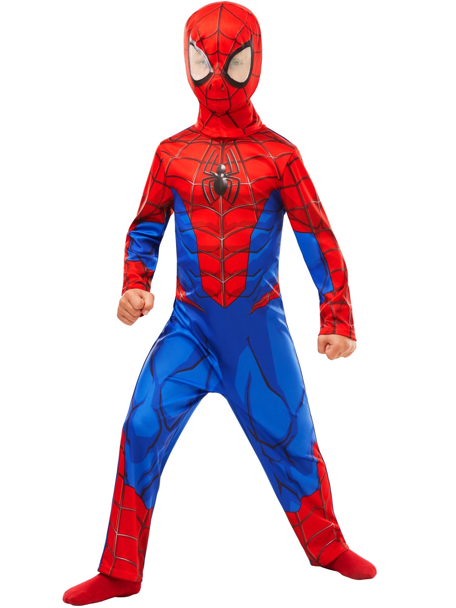 A child dressed in a full Spider-Man outfit, including a printed jumpsuit and mask with mesh eyes, standing in an action-ready superhero pose with clenched fists.