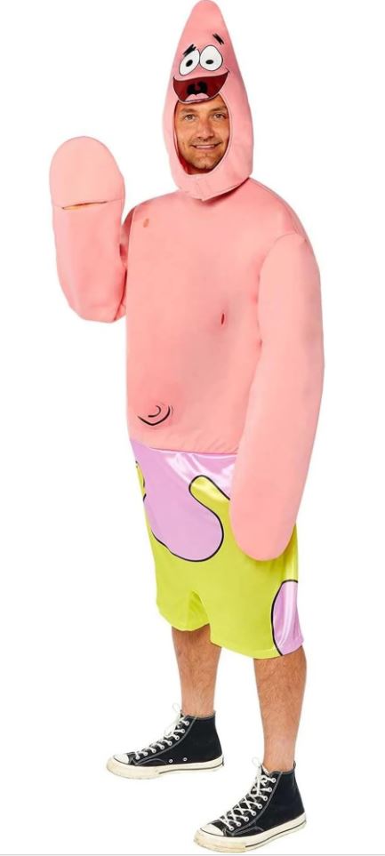 A model wearing a SpongeBob Patrick Star costume with his arms raised playfully, showing the clever slits in the pink sleeves that allow his hands to pop out.