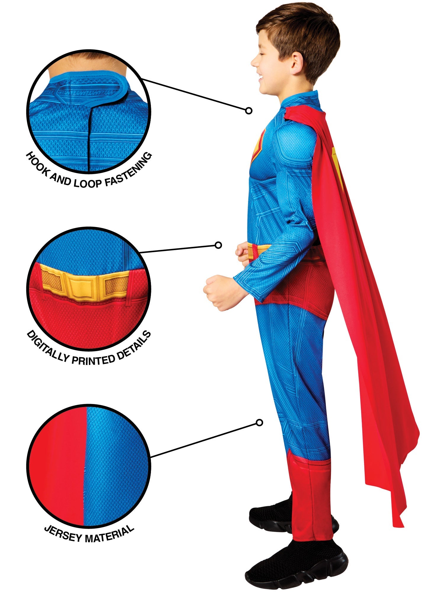 A side profile of a child in a Superman costume, with callouts pointing to the hook-and-loop fastening, digitally printed details, and jersey material.