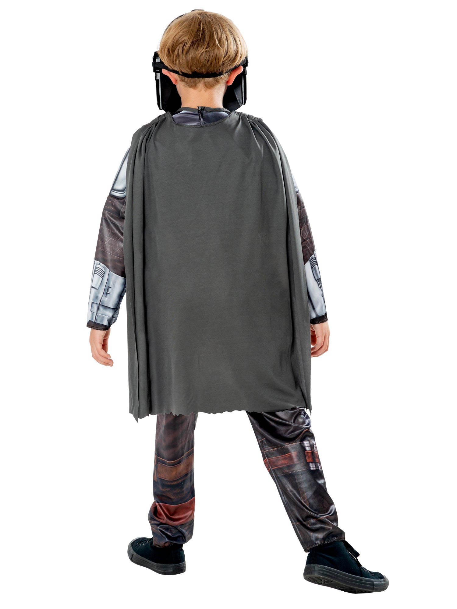 Back view of Child wearing a Star Wars Mandalorian costume with a cape and helmet on a white background