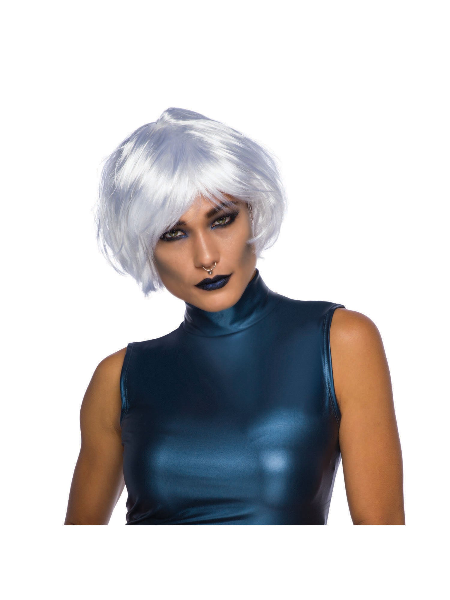 A person with a short, white, layered wig, wearing a shiny dark blue top and a nose ring, looking at the camera with dramatic eye makeup and dark lipstick.