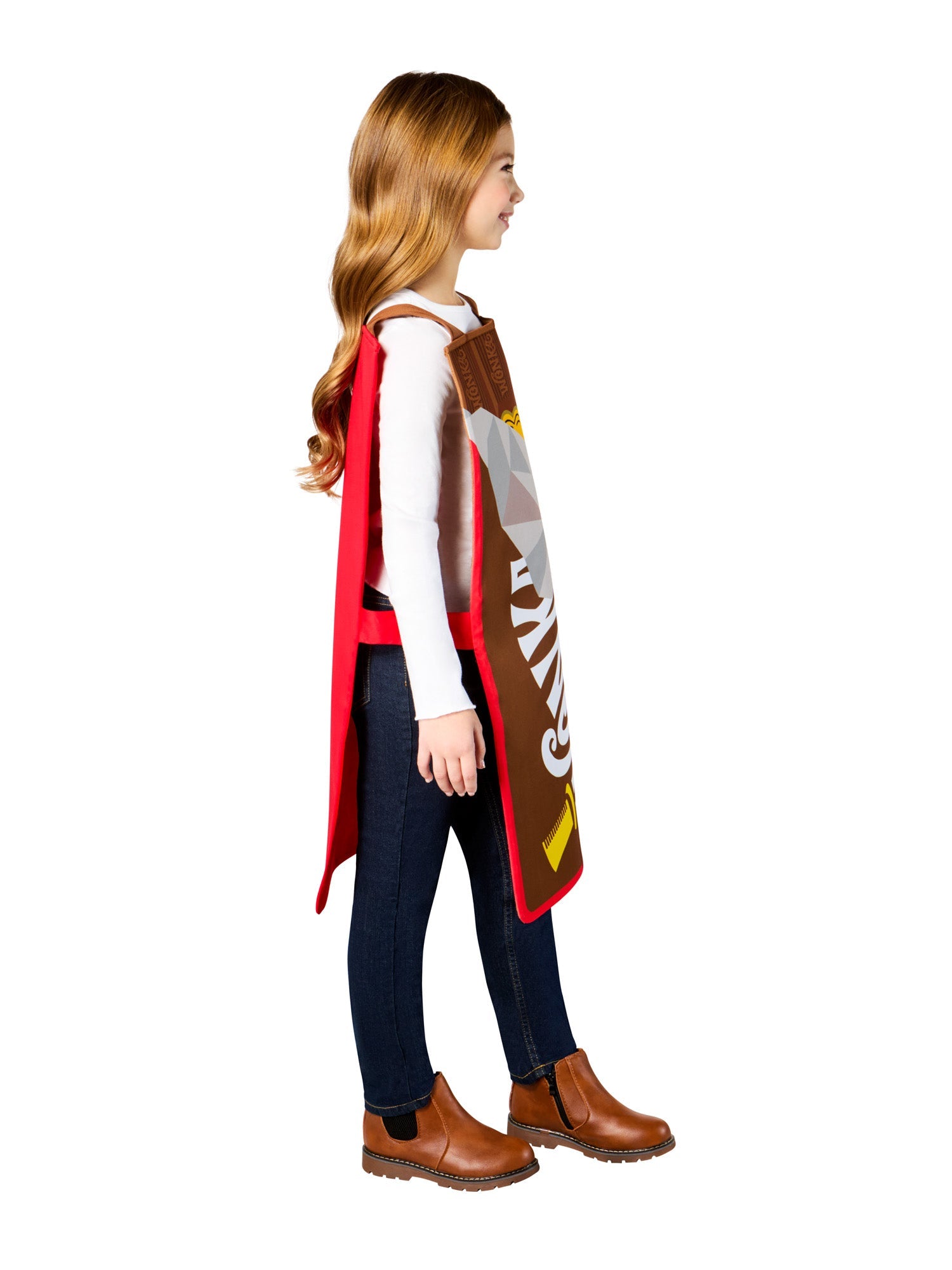 Side view Child wearing a Wonka chocolate bar costume on a white background
