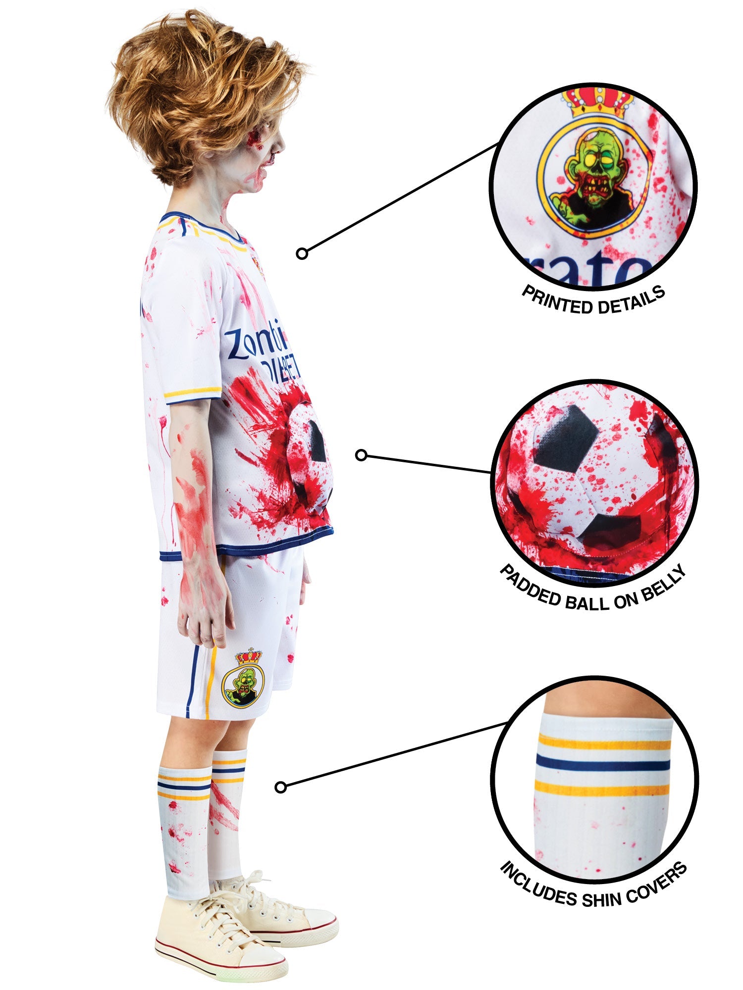 A side profile of a child in a zombie football costume, with close-up callouts pointing to the "Printed Details," the "Padded Ball on Belly," and the "Includes Shin Covers."