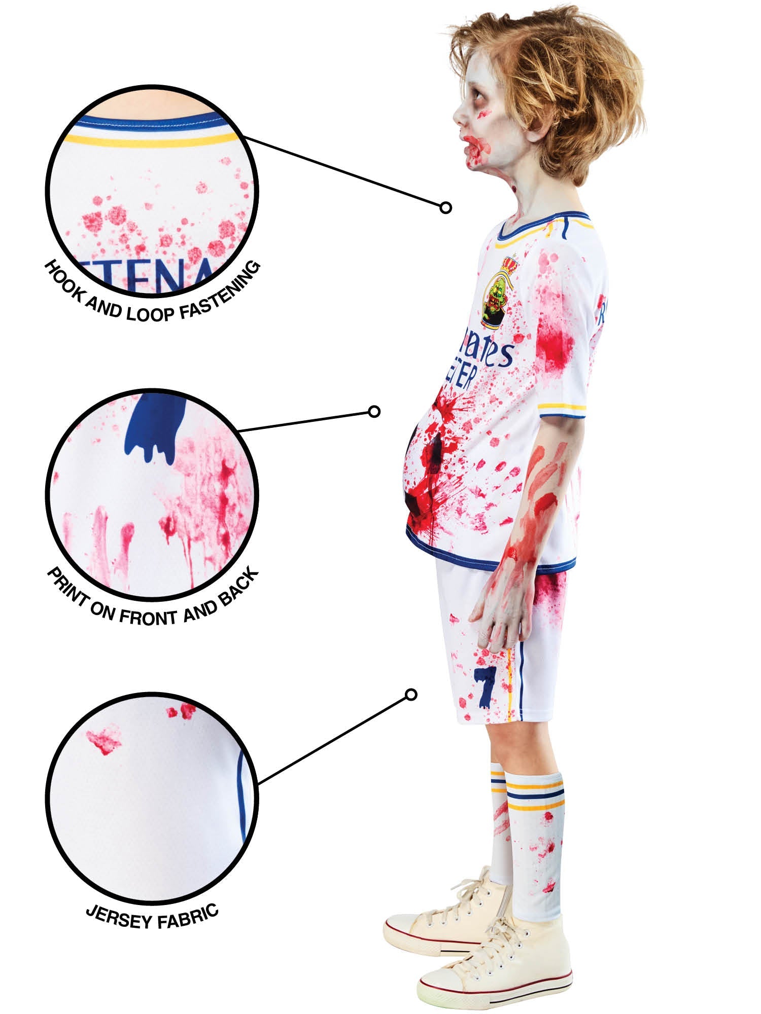 A side profile of a child in a zombie football costume, with close-up callouts pointing to the "Hook and Loop Fastening," the "Print on Front and Back," and the "Jersey Fabric."