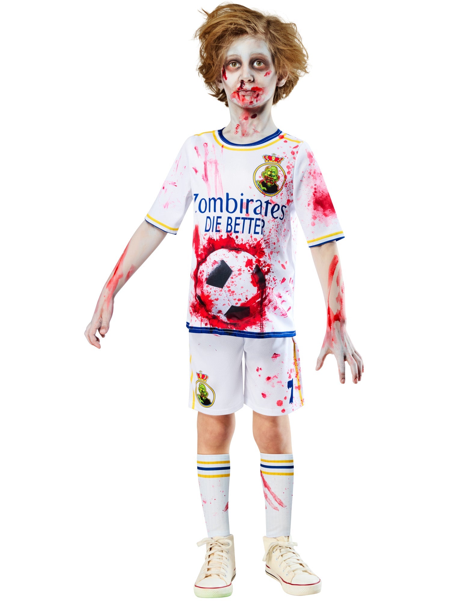 A child in a zombie football costume with a distressed look and zombie-style makeup. The costume features a white top with red splatters, a padded football sticking out of the belly, and the name "Zombirates" on the front.