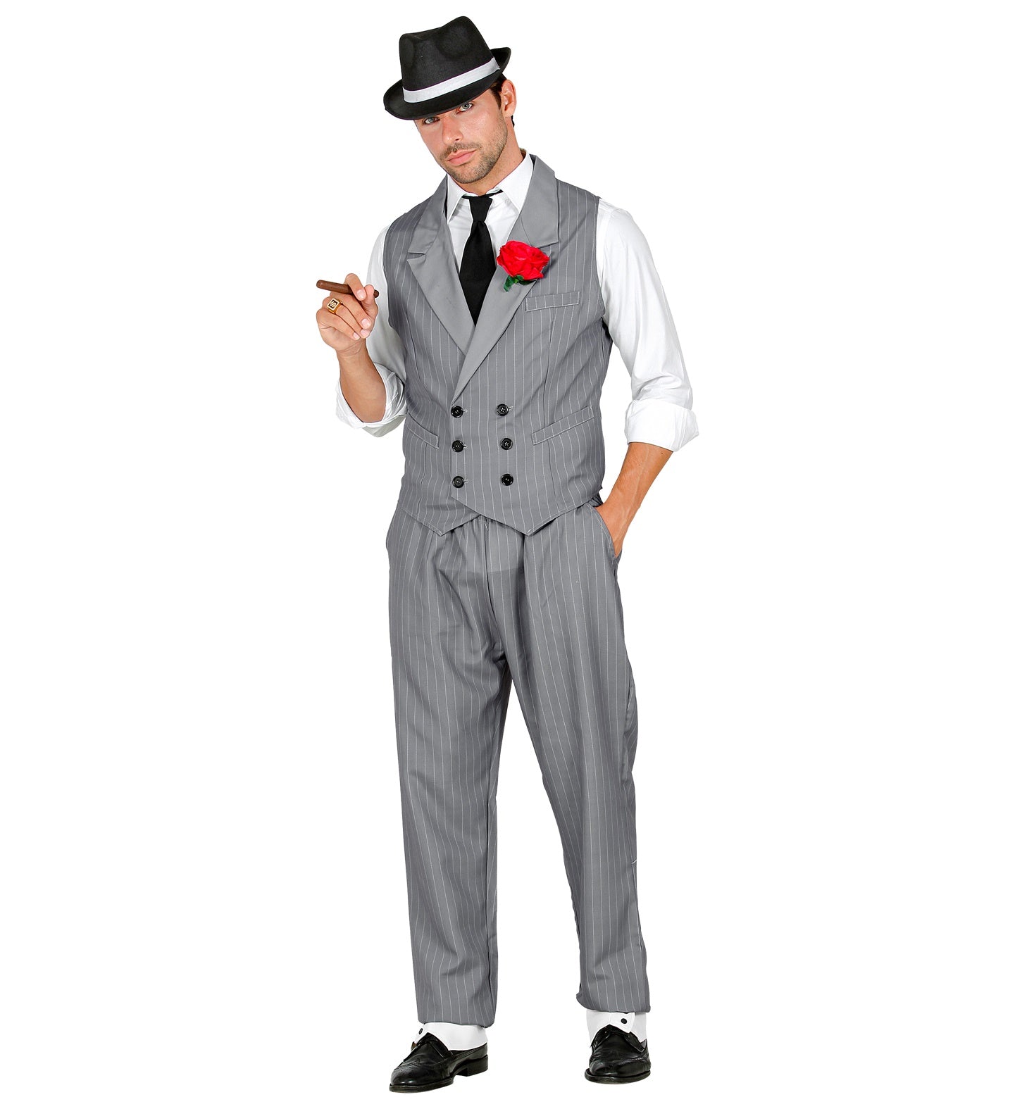 A man wearing a 1920's gangster costume with grey pinstripe suit, waistcoat, trousers, and a tie, complete with a fedora hat.