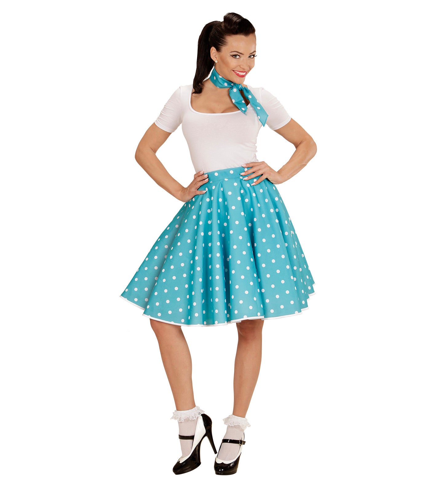 50's Rockabilly Blue Polka Dot Skirt outfit and Neckscarf