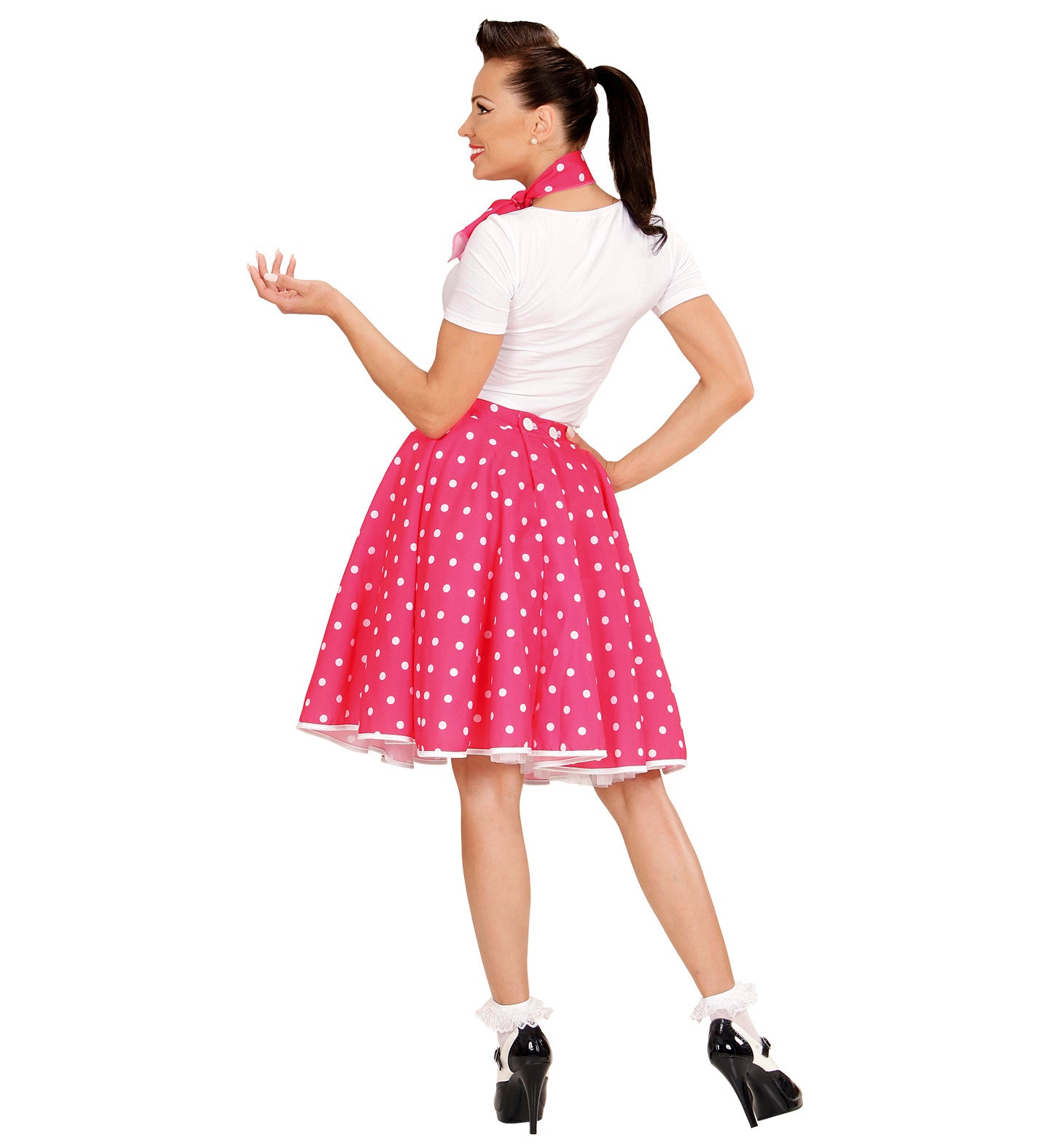 50's Rockabilly Pink Polka Dot Skirt outfit rear
