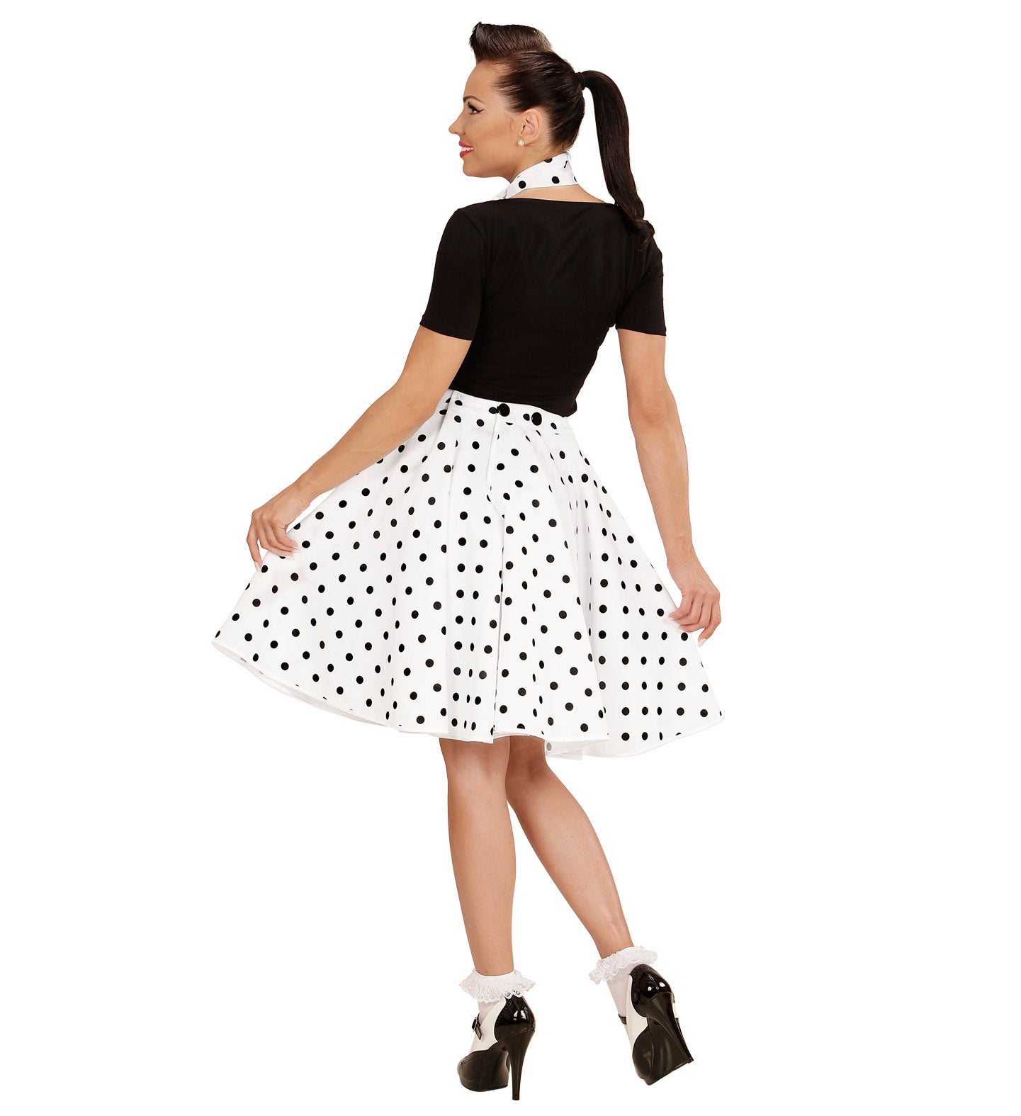 50's Rockabilly White Polka Dot Skirt and Neckscarf costume rear