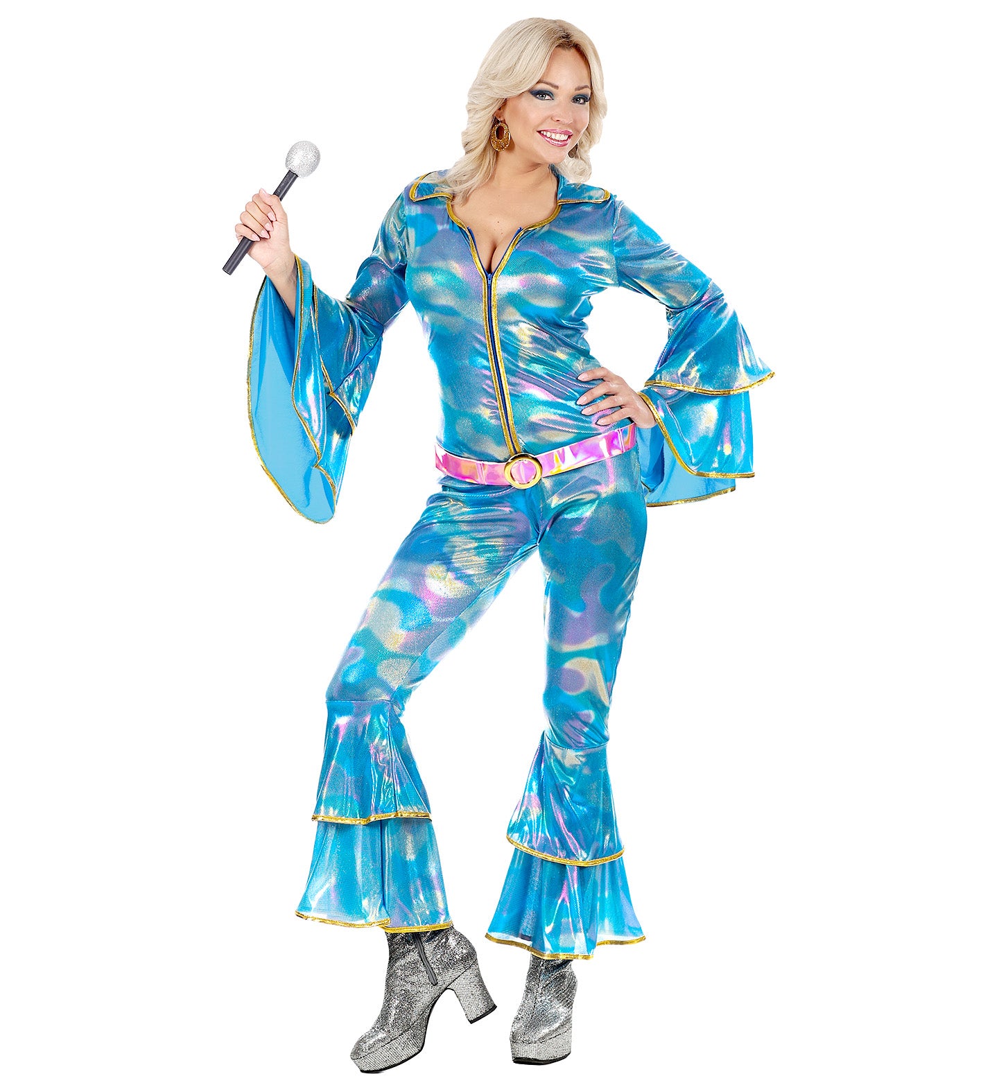 A person wearing a 1970's style blue disco Abba costume with long sleeves, flared trousers, and a pink belt, holding a microphone and posing for the camera.