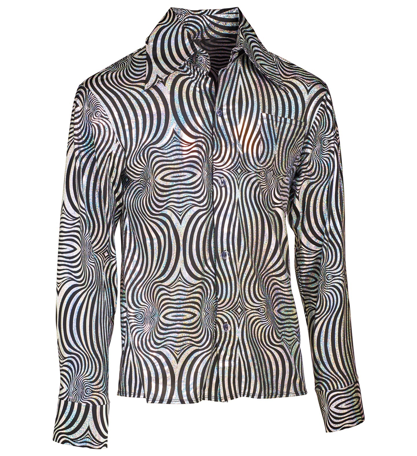 70's Groovy Disco Shirt Silver & Black Men's costume