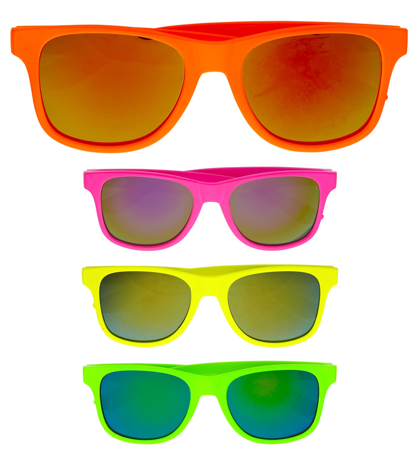 A set of four neon-coloured  80's sunglasses, with lenses ranging from orange to pink to yellow to green, against a white background.
