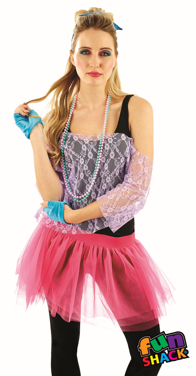 Our 80's Lace TuTu Kit includes this off the shoulder purple Lace Top and  Multi layered pink TuTu with pink.