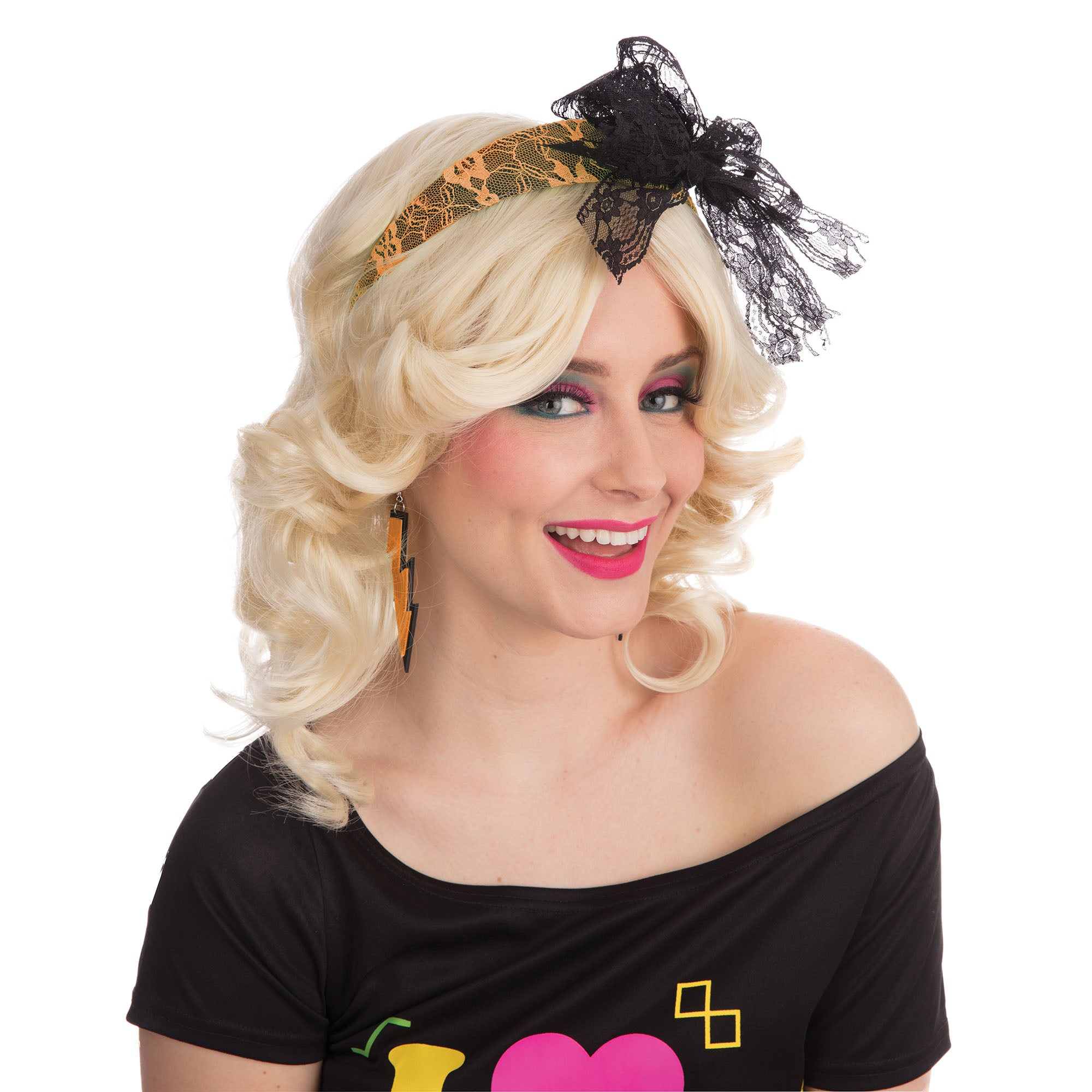 1980's Style Lacey Neon Bow Headband Orange