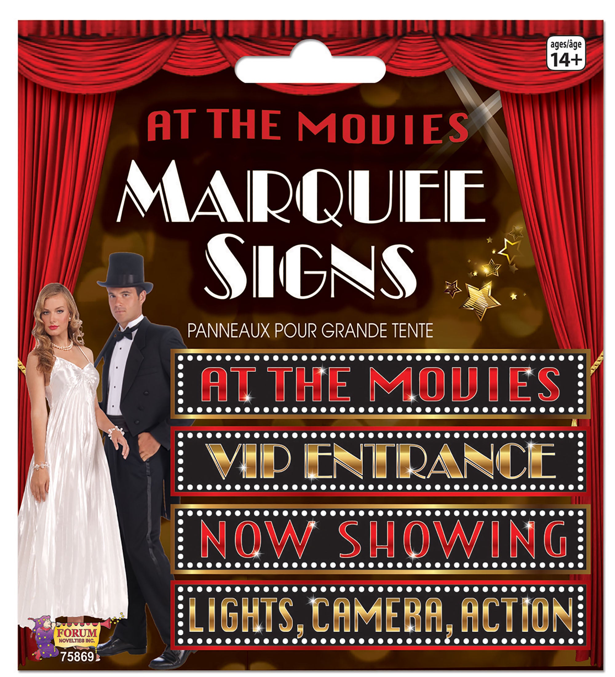 Packaging for 'At the Movies' street signs, featuring a man and woman in movie attire against a red backdrop with text and graphics related to movie theater signs.