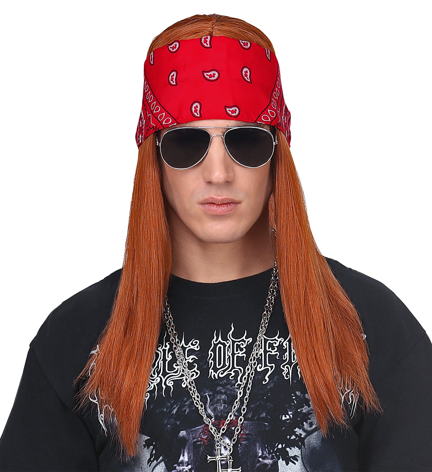 A person wearing Axel Rose Wig which is a red wig, sunglasses, and a red bandana with a pattern.