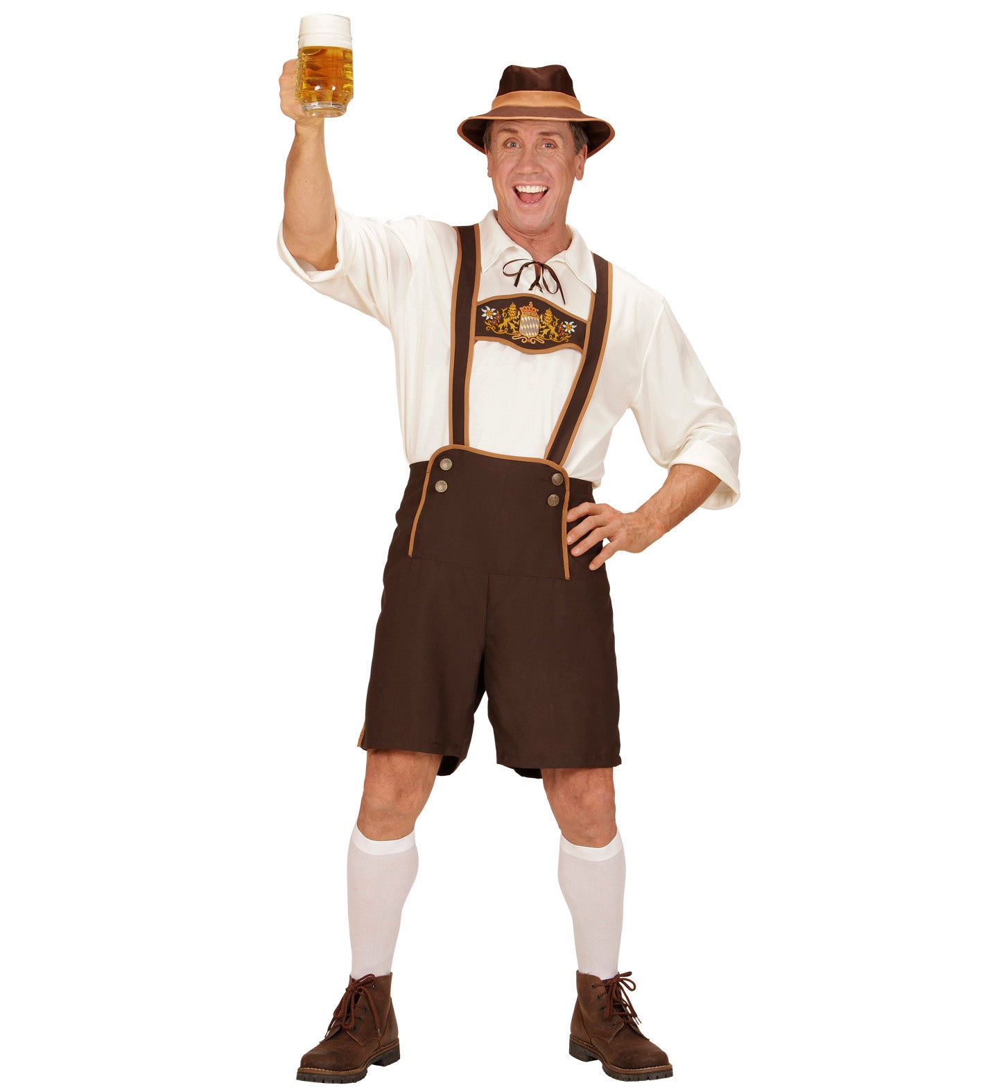 A person in a full Bavarian beer man costume, raising a large glass beer stein in a celebratory pose. The costume includes a white shirt, brown lederhosen with decorative braces, a brown Bavarian-style hat, and white knee-high socks.