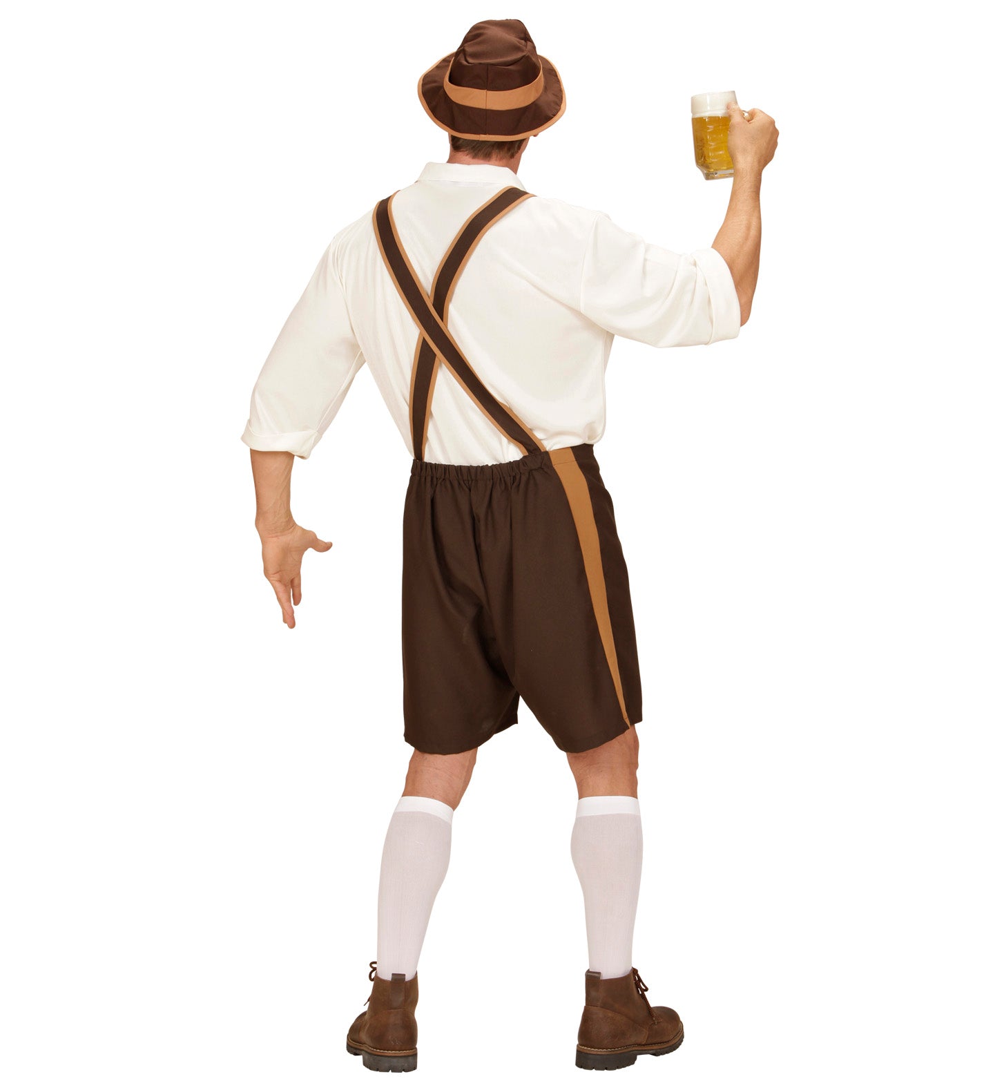 A back view of a person in a full Bavarian beer man costume, raising a large glass beer stein in a toast. The person is wearing a white shirt, brown lederhosen, a brown Bavarian-style hat, and white socks.