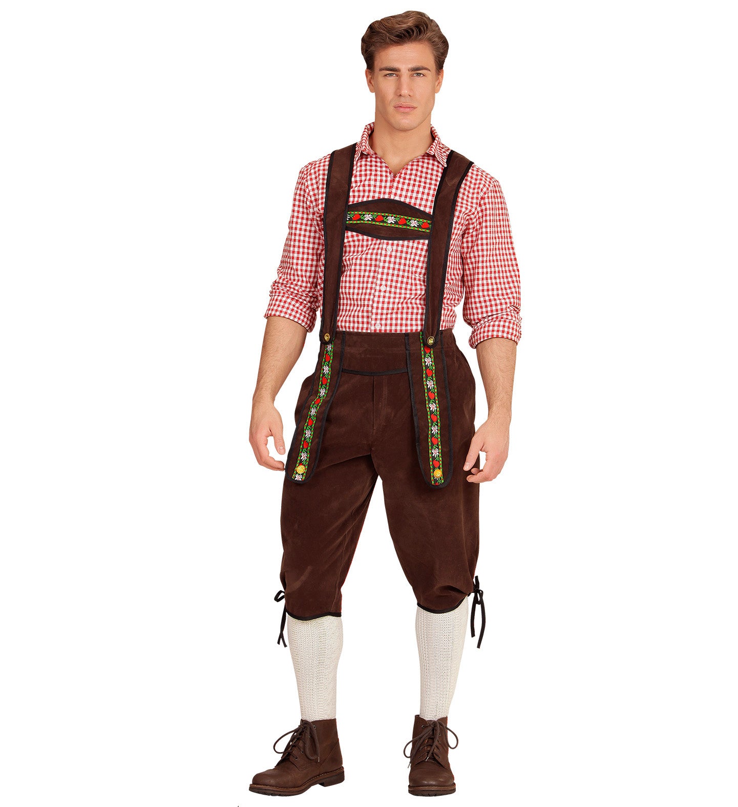 A person in a full Bavarian costume, holding a large glass beer stein up in a toast. The person is wearing brown lederhosen with embroidered braces, a red and white checked shirt, and white knee-high socks.