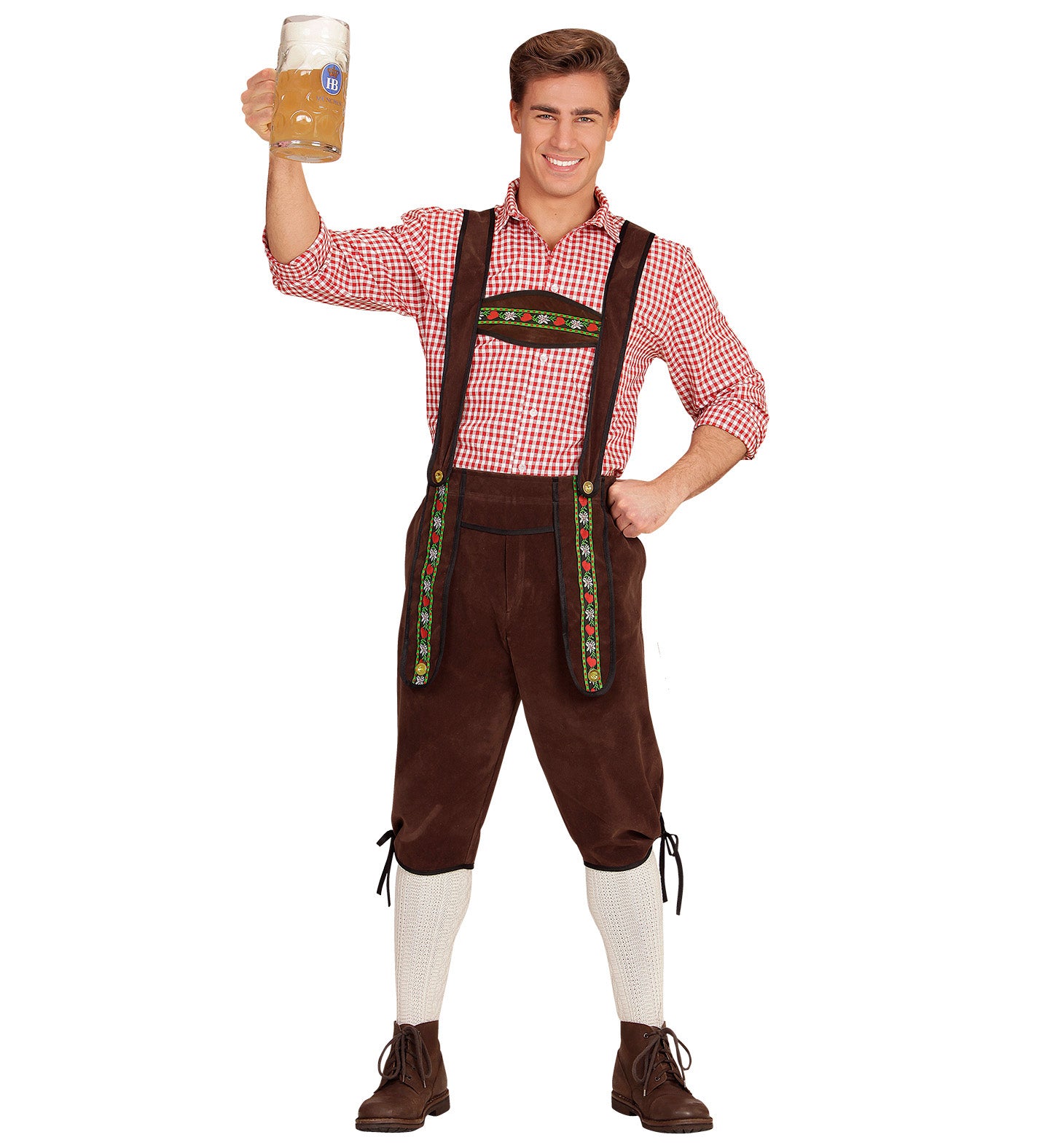 A man posing in a full Bavarian lederhosen costume, holding their arms out in a welcoming gesture. The costume includes brown lederhosen with embroidered braces, a red and white checked shirt, and white socks.