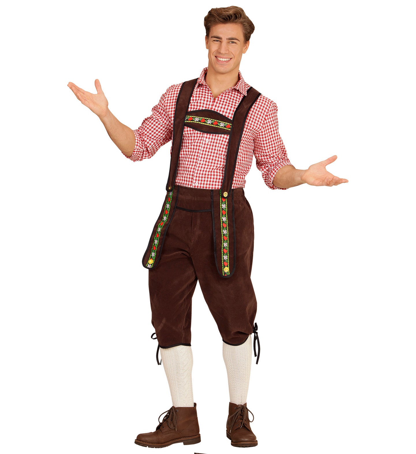 A person standing in a full Bavarian costume. The person is wearing brown lederhosen with embroidered braces, a red and white checked shirt, and white knee-high socks, posing against a white background.