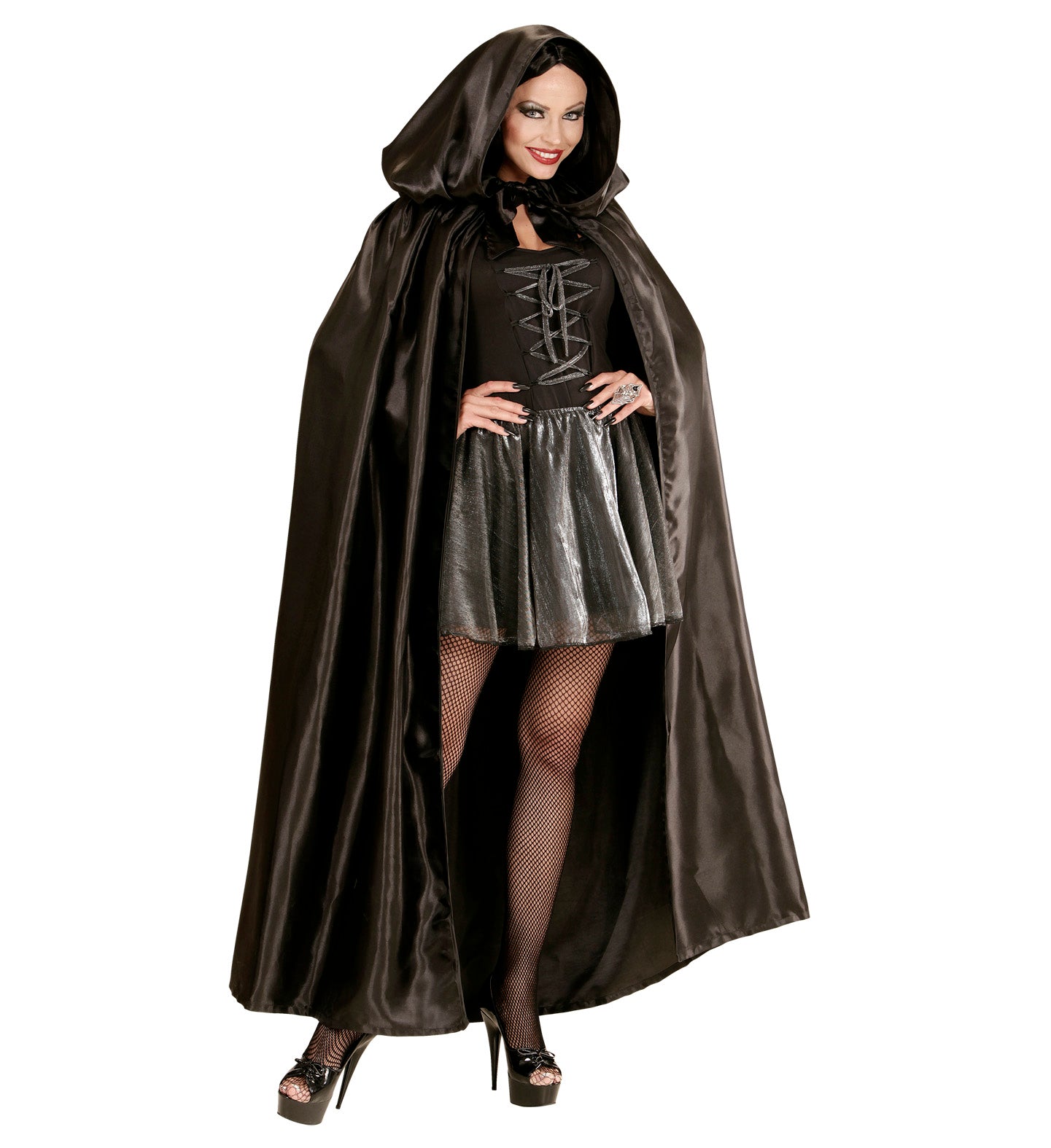 Black Satin Hooded Cape for women