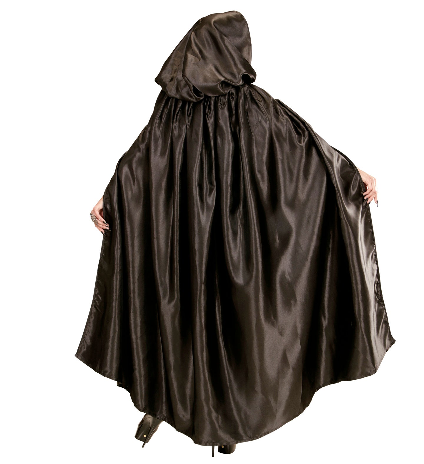 Black Satin Hooded Cape rear