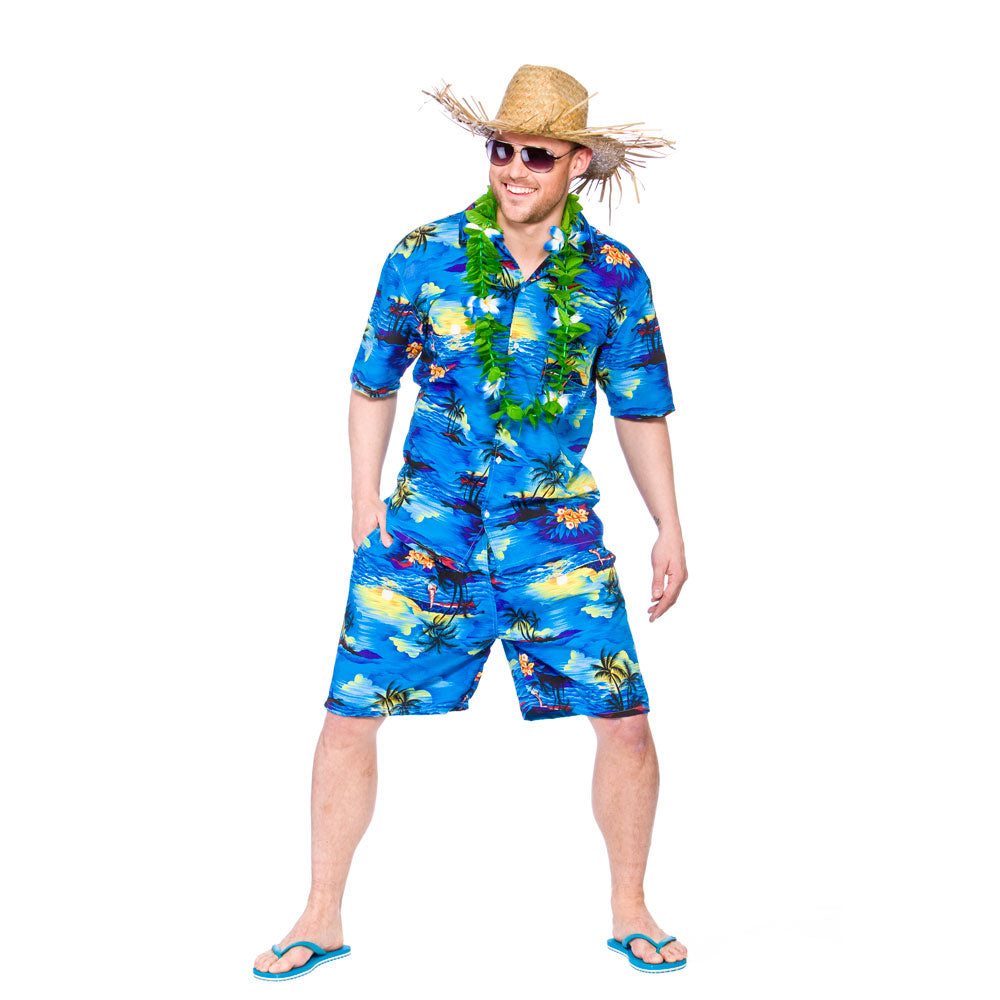 Blue palm Hawaiian party guy shirt and shorts costume 