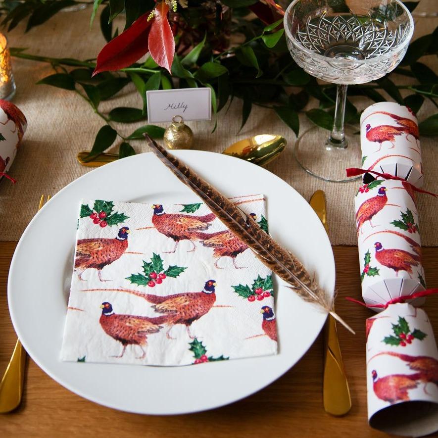 Botanical Holly Pheasant Paper Napkins