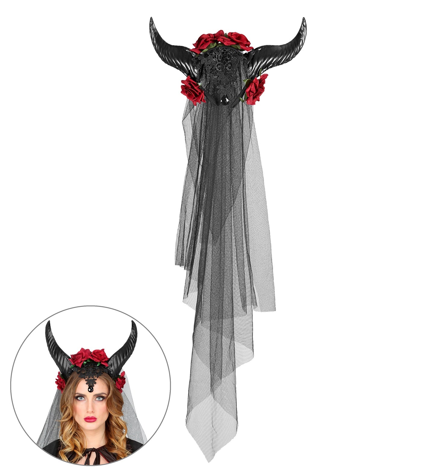 Bridal Veil With Horns Roses Lace Black Gem closeup