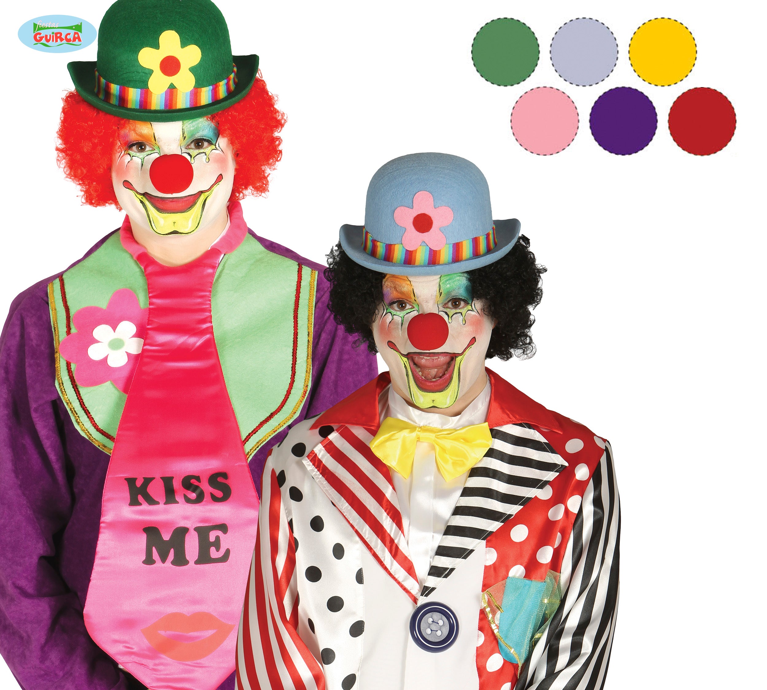 These funny looking bowler hats will add some classic style to any to any clown outfit, They feature a flower on the front and a rainbow band.